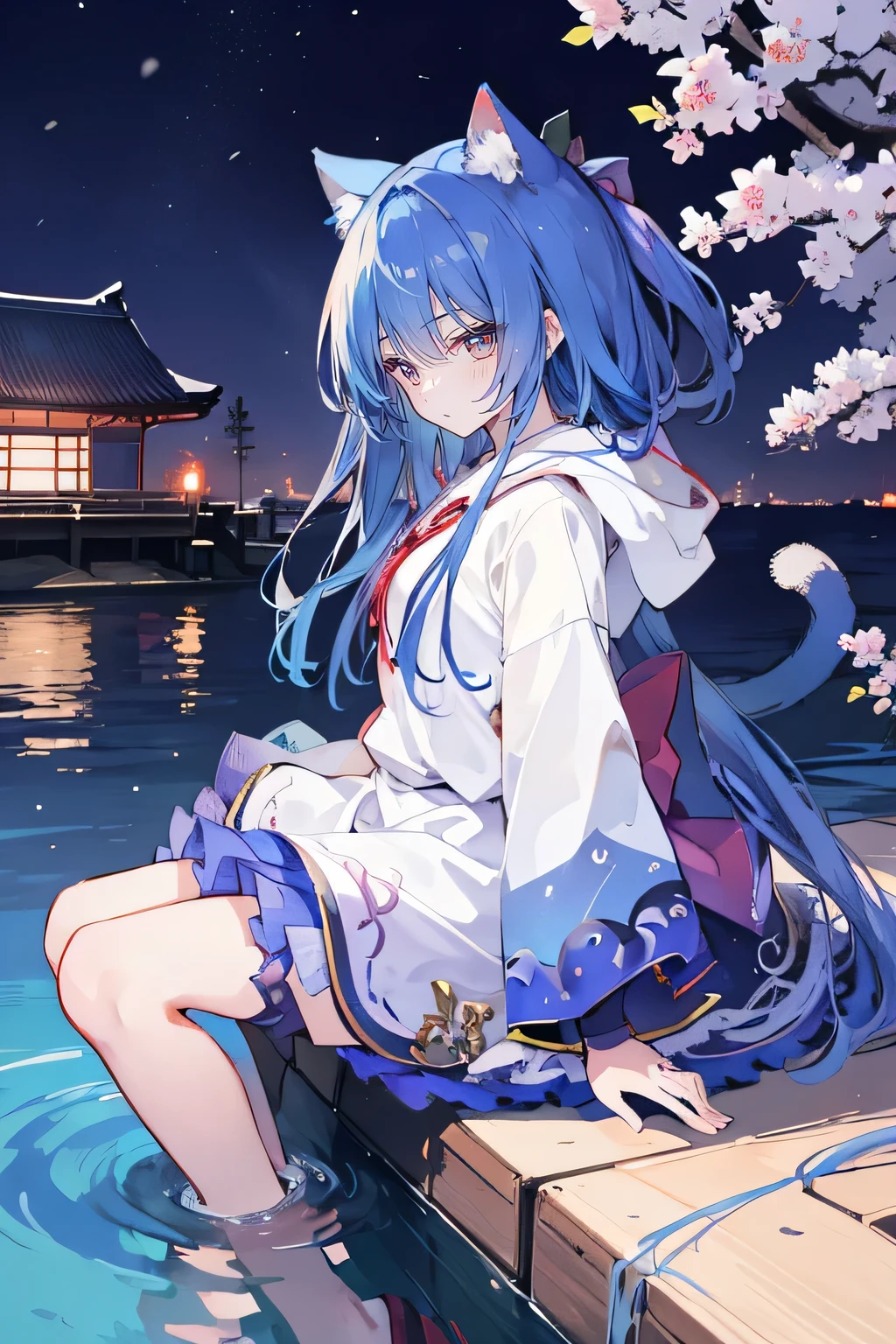 (masterpiece:1.2),Super detailed,lifelike,Expressive eyes,fair skin,perfect face shape,1 girl,
Japanese comics,Gorgeous blue hair,flowing blue hair,flowing clothes,Cat ears,Petals fall,beautiful lola,Baby Angel,
Shaking head with one hand,Cross your legs,Gentle and peaceful background,The pavilion is cool and comfortable,smile, wearing hoodie, background of tokyo,back views,snowing, winter,lie on the water.,.