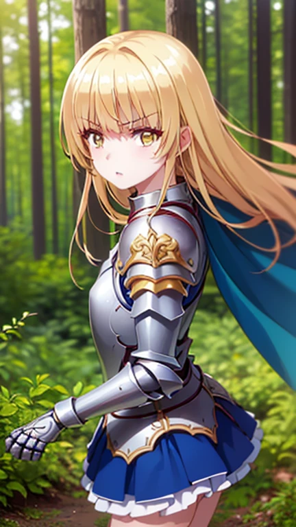 mahiru shiina, bangs, blonde hair, brown hair, (yellow eyes:1.3), 騎士の女の子がswordを持って戦闘態勢をとっている, cute女の子, (((UHD)), ((highest quality)), ((masterpiece)), (Very detailed), (High resolution), (Beautiful detailed sparkle), (High detail), (Anatomically correct)), ((Realistic)), ((The best CG)), Ultra-detailed art, CG illustration, 8k, 1080P, Photorealistic:1.37,  Anime 2D Rendering,

(((One Woman))), 
(Symmetrical facial features:1.4, Perfect Face), Beautiful clavicle, (Beautiful fingers), (Beautiful breasts, ((Small breasts))), 
Beautiful body, Beautiful thighs, Beautiful feet, Perfect round butt, (((Detailed skin, Oily skin, Textured skin, Beautiful Skin:1.4))), 

(((Baby Face, cute, 10 years old))), 
(Expression of fine eyes, Beautiful and delicate eyes, Sparkling eyes), 
(Beautiful Nose,Thin Nose), 
(Smaller mouth, Glossy Lips, Beautiful Lips, thick lips), 

(((Silver Armor:1.4、Decorated red breastplate、Blue skirt-like armor:1.2、Gauntlet、Shin Guards、Blue Cape:1.2、sword:1.2)))、
BREAK 

(Glaring、Angry),  
BREAK 
(noon、(Sunshine、In the forest of fantasy world:1.4、blue sky)), ((Fighting Pose、Aggressive Pose、Cowboy Shot))

