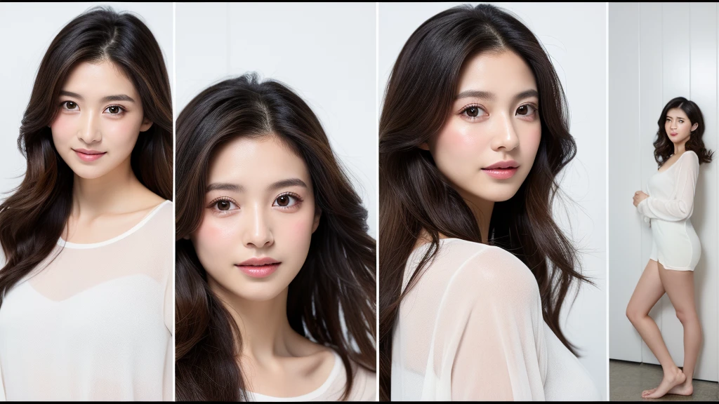 Long sleeve tops、Silky Hair、Dark brown eyes、whole body、30-year-old woman（背景はWhite wall、Some of the hair is yellow：1.4)、White wall、In front of the white door、(White wallと窓のある部屋)、((Highest quality、8k、masterpiece:1.3))、Ultra-high resolution、(Photo genuine:1.4)、RAW Photos、Japanese、(details)、Genuine、Photographed in natural light、face、Skin Texture、唇のdetails、The correct state of the human body、Medium Hair、Black Hair、Mr.Pause、Natural color lips、Shiny Hair、Don&#39;Don't look at the camera.