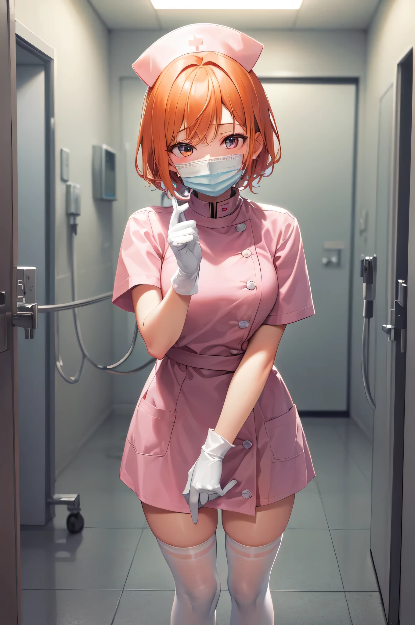 1girl, solo, nurse, nurse cap, white nurse uniform, ((white legwear, zettai ryouiki)), white gloves, very short hair, orange hair, ((white surgical mask, covered nose)), standing, ((hospital room)), sharp outline, short sleeves, tomboy, boyish, best quality, masterpiece
