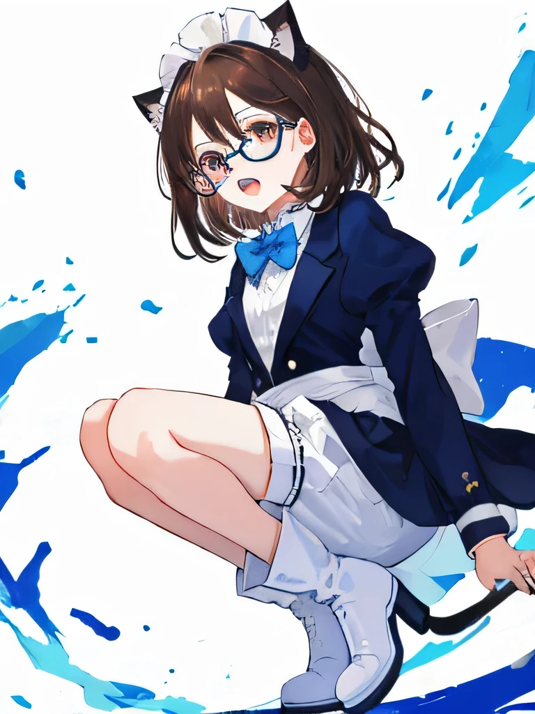 solo,Face color:brown,Arranged Hair,Round eyes:blue,Jagged teeth,Open your mouth,Round glasses navy blue,Maid Brim,Goat Accessories,tuxedo,Shorts,White boots,Heel,Cat ear