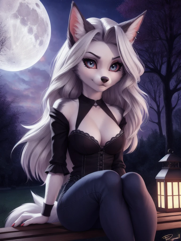 By iskra, by wolfy-nail, by personalami, Helluva Boss, Loona Hellhound, Loona, female, (detailed), view of the viewer, fluffy, solo, 1 girl, high resolution, photorealistic, cute-looking, embarrassed looking, ((clear structural details)), detailed realism, slim, soft, 4k, excellent quality, high details, (seductive), detailed fur, in the city park, sitting on bench, at night, lantern, full moon, tight jeans pants, closed jack