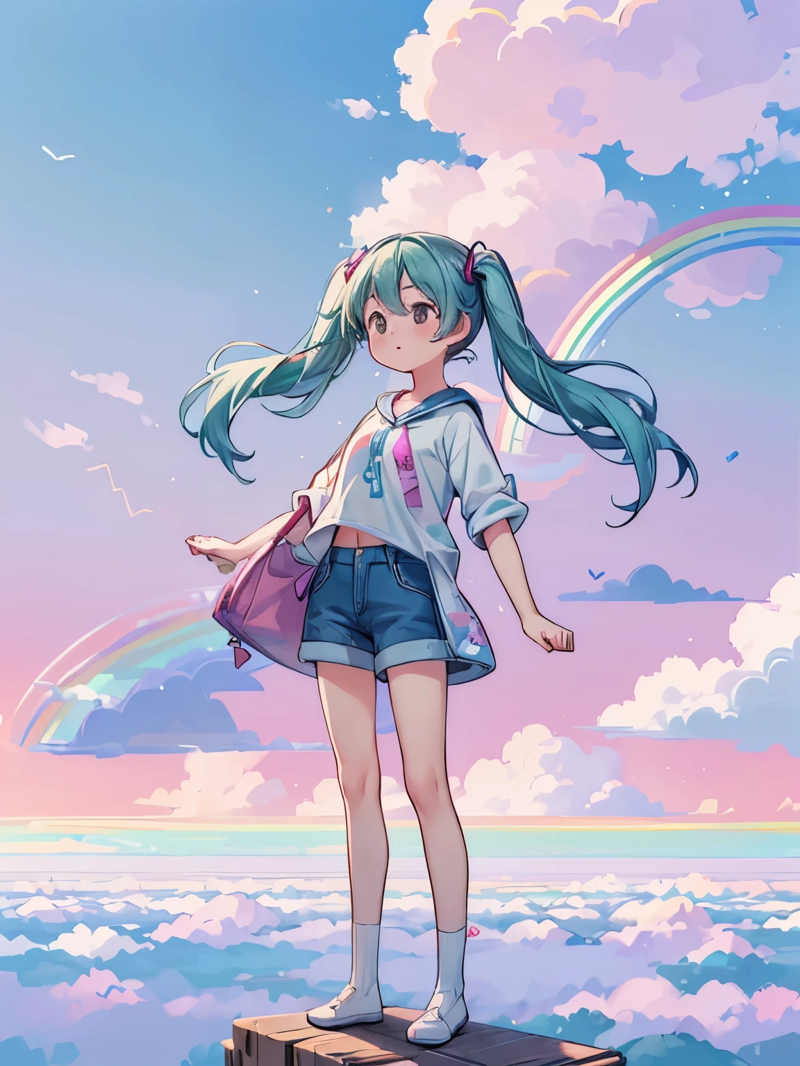 (masterpiece、highest quality、highest quality、Official Art、Beautiful and beautiful:1.2)、(One girl:1.3)Hatsune Miku、Twin tails,Big Breasts,(((Floating in the sky:1.2、One Girl、Standing on the Clouds)))、Pastel clouds、Perfect Anatomy、Small face、Small Nose、Fuller lips、Twin tails、rainbow colored hair、Dirty clothes、Disheveled clothing、It impossible、fly in the sky、(((背景はPastel clouds:1.5、rainbow、Blurred Background)))、highest quality、High resolution、High resolution、Cinema Lighting、Professional Photographer