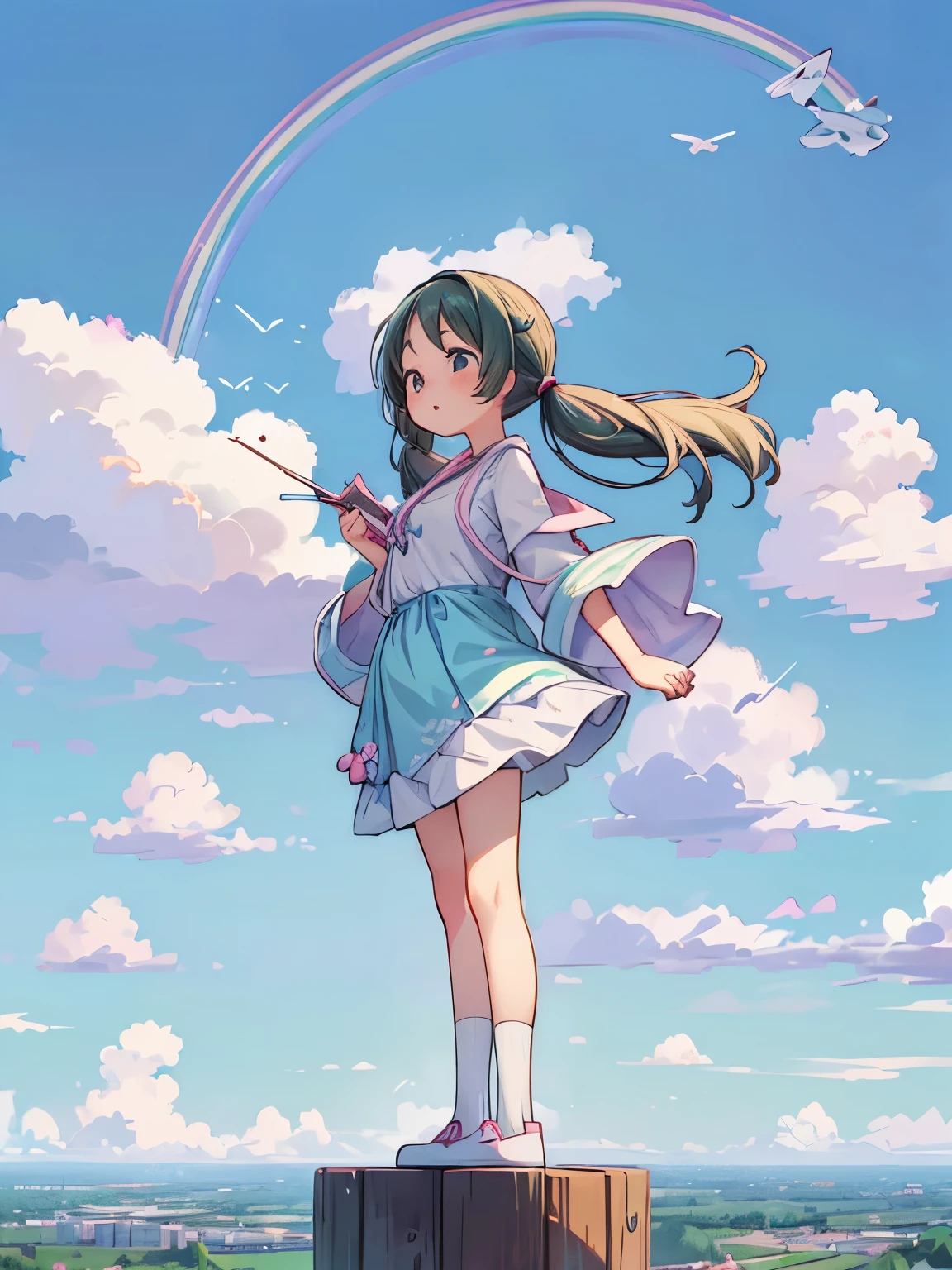 (masterpiece、highest quality、highest quality、Official Art、Beautiful and beautiful:1.2)、(One girl:1.3)Hatsune Miku、Twin tails,Big Breasts,(((Floating in the sky:1.2、One Girl、Standing on the Clouds)))、Pastel clouds、Perfect Anatomy、Small face、Small Nose、Fuller lips、Twin tails、rainbow colored hair、Dirty clothes、Disheveled clothing、It impossible、fly in the sky、(((背景はPastel clouds:1.5、rainbow、Blurred Background)))、highest quality、High resolution、High resolution、Cinema Lighting、Professional Photographer