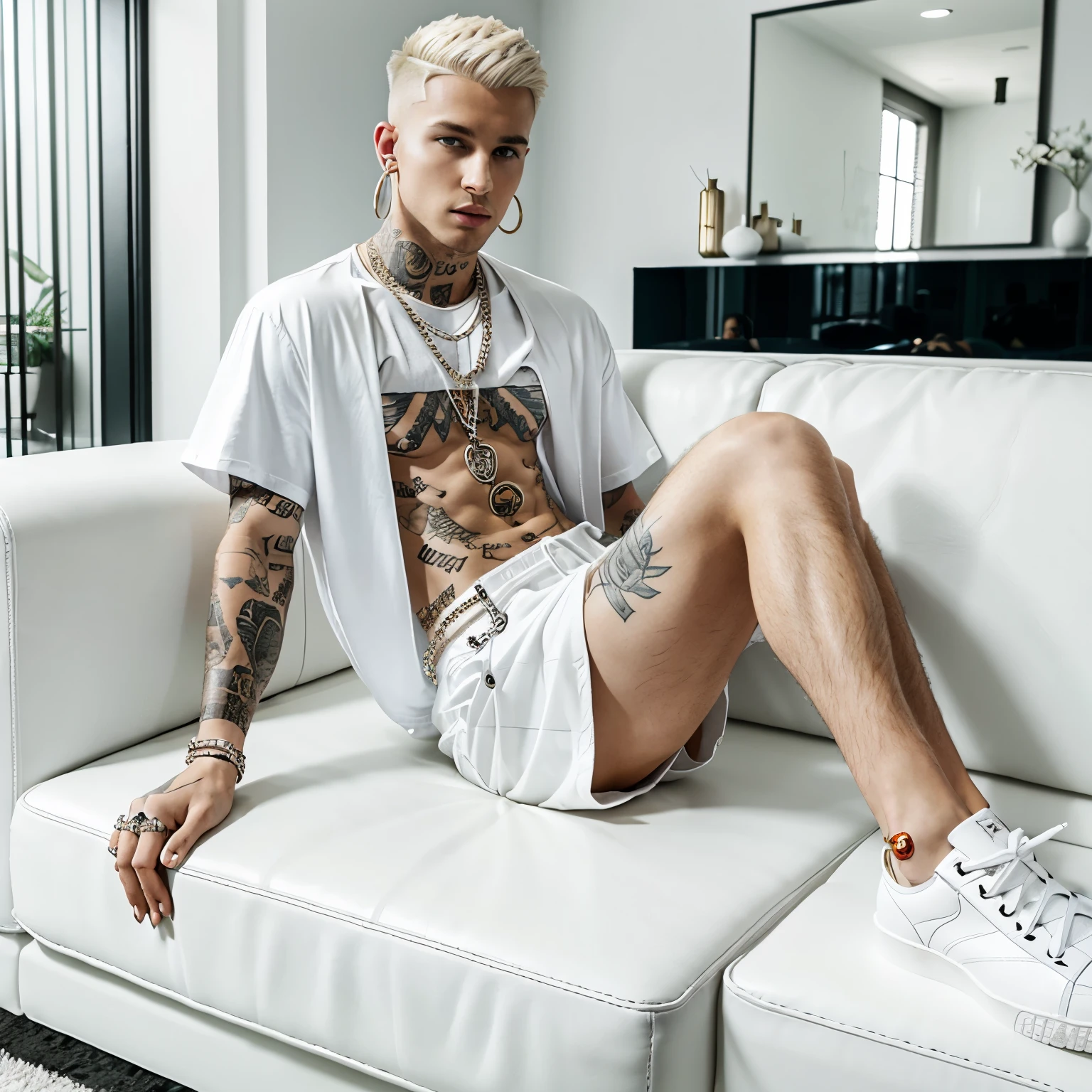 full view full body, male white singer Lil Ppeep whith short platinum blond undercut haircut, dozens of tattoos, 'Dior' white t-shirt, white shorts, white Balenciaga high-tighs, shoes off, shoeless, dozens of rings, necklaces, earings, bracelets, lying on white leather couch in modern luxurious livingroom