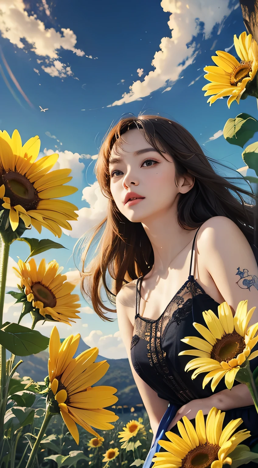 (PE pencil drawings:1.4),  Flowers and blue sky、Autumn sky and beautiful cosmos flowers、Landscape photo of a vast sunflower field、（A view from below of the sky and wilderness below）、Girl looking up at the blue sky、Draw a big picture of the sky、Tabletop、highest quality