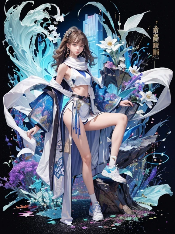 highest quality, Very detailed, masterpiece, Two women posing,(((Perfect female body))),Very beautiful face, Very beautiful body,Gentle expression, Very beautiful eyes,(Perfect Makeup:1.1),Fashion Model,Cyberpunk Fashion,Curly Hair,Shaggy Hair, (灰色と紫のGradation非常に長い編み髪: 1.5),very thin body,Smart Abs,Monogram pattern,Gradation,Fractal Art Silk Suit,Two-tone high-top sneakers,A kind smile,Full body portrait,(Cyber City Background), (Shiny skin),(Earrings),Seesul,Elegant patterned long scarf,Extra long shawl,Pirate Belt,Fractal Art Splash,