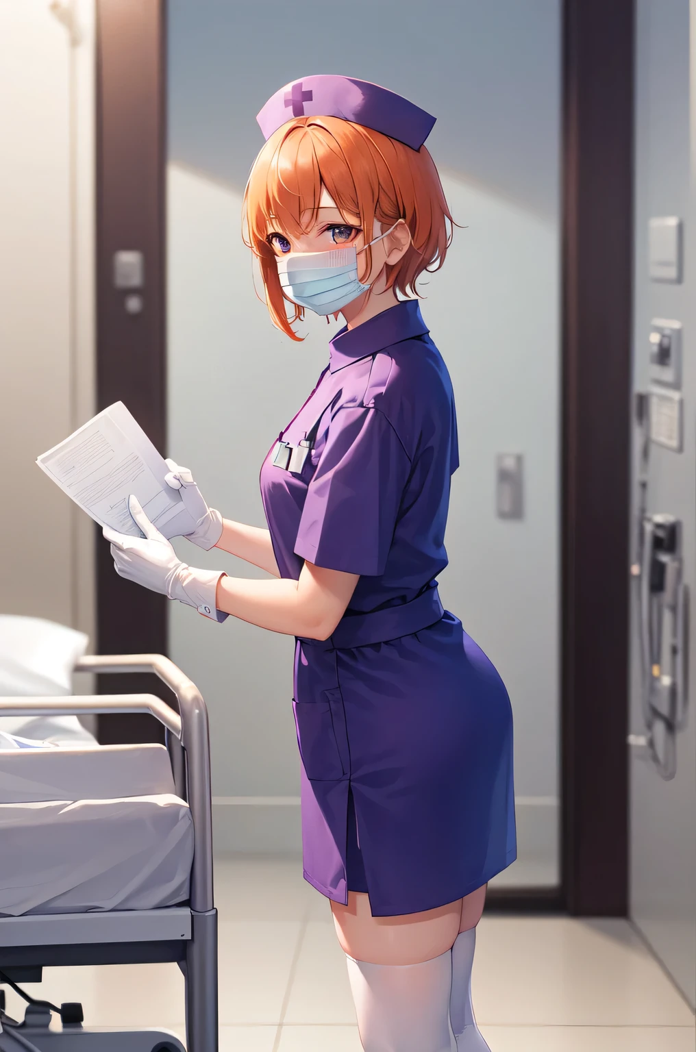 1girl, solo, nurse, nurse cap, white nurse uniform, ((white legwear, zettai ryouiki)), white gloves, very short hair, orange hair, ((white surgical mask, covered nose)), standing, ((hospital room)), sharp outline, short sleeves, tomboy, boyish, best quality, masterpiece