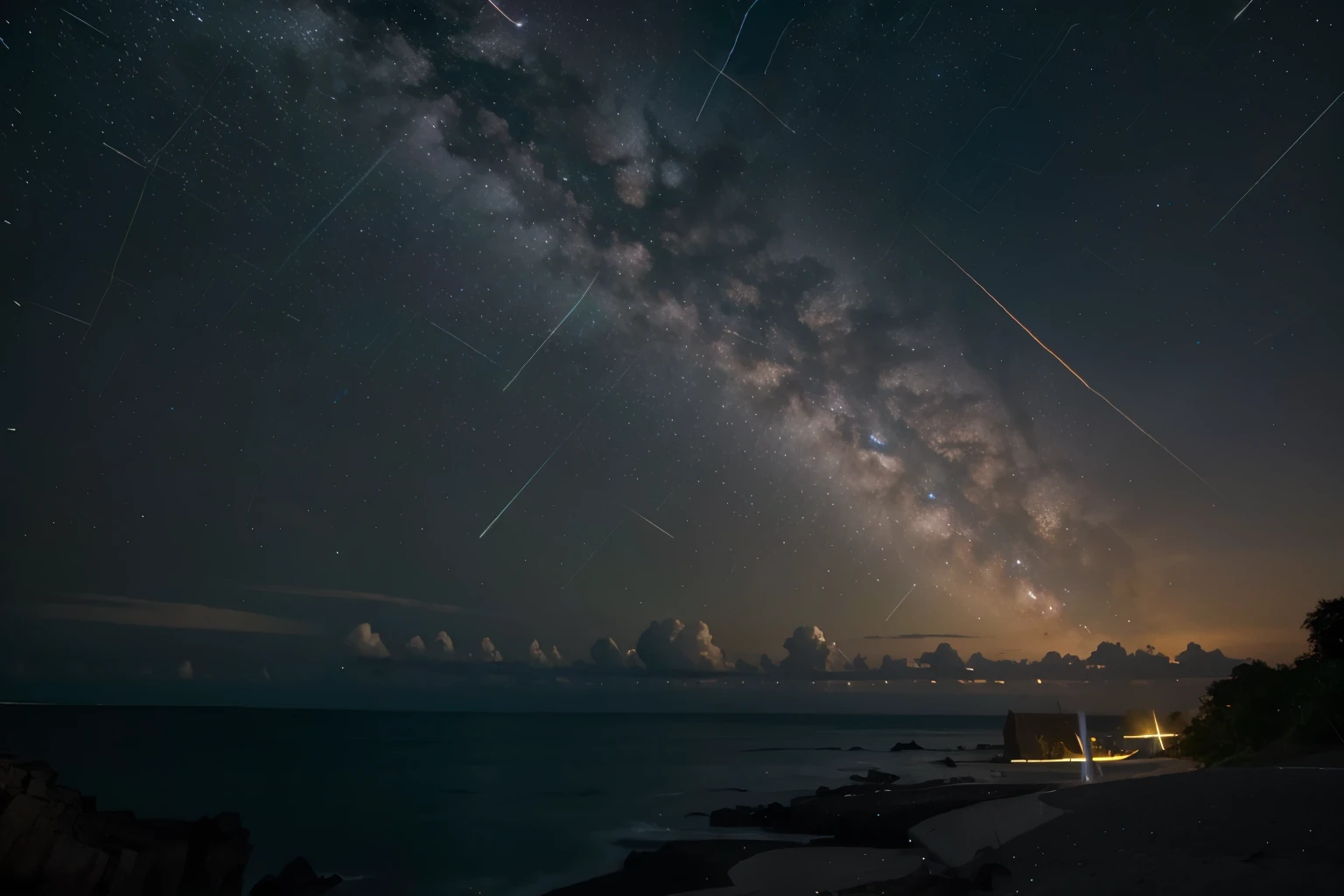 (zoom:1.1), (meteor shower:1.2), (comet:1.1), low angle, arora borealis, shooting star, top quality, masterpiece, clouds, colorful, southeast Asian beach, summer, seascape, small islands