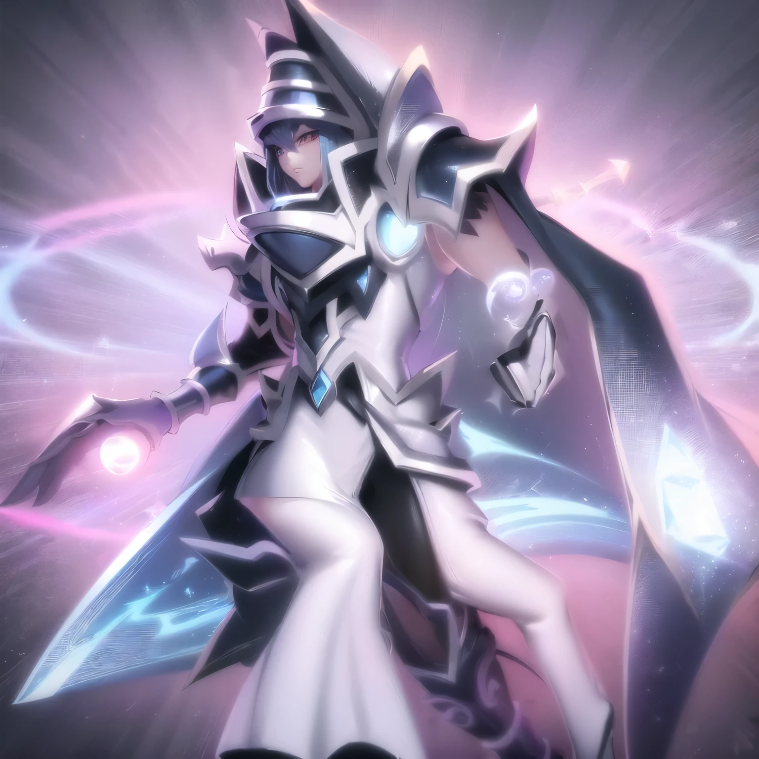 Un primer plano de un personaje de dibujos animados con una espada y una espada, yugioh art style, clothed in ethereal battle armor, armadura reflejada color hielo plateado, estilo yugioh, in opal armor, gyro zeppeli, obra de arte de yugioh, blue eyes white dragon, Armadura de cristal de hielo, con elegante armadura plateada, vestido con armadura ligera
