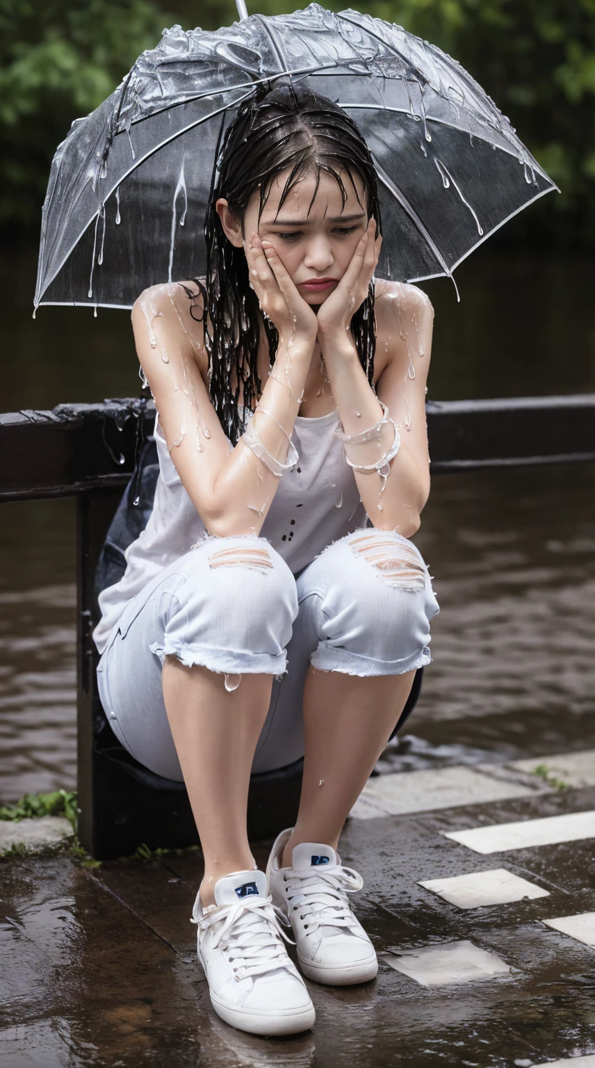 best image quality, masterpiece, super high resolution, (fidelity:1.4), photo, 1 girl, white shirt, torn jeans, white sneakers, dim, darkness, despair, pity, poor, movie, tears, teardrops, (torn clothes:1.5), (wet clothes:1.4), bare shoulders, real rain, wet hair,..