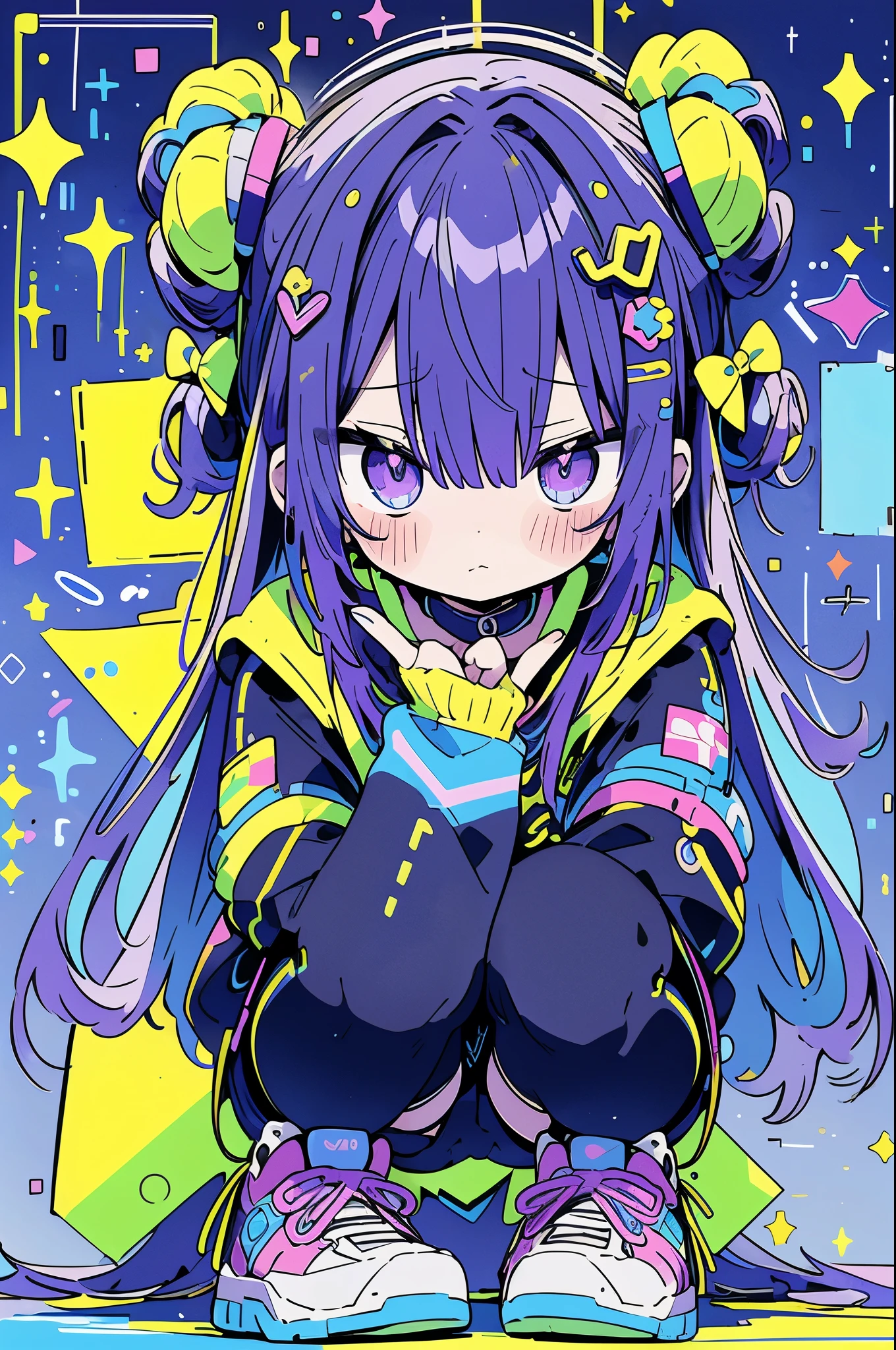 dynamic_anime_style, double_buns, purple_eyes, crouching, determined_expression, futuristic_outfit, colorful_clothing, blue, yellow, neon_colors, abstract_background, chaotic_splashes, geometric_shapes, dynamic_pose, sneakers_visible