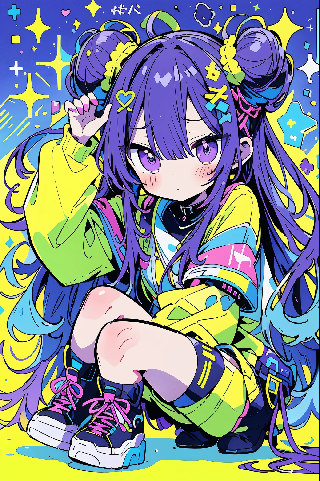 dynamic_anime_style, double_buns, purple_eyes, crouching, determined_expression, futuristic_outfit, colorful_clothing, blue, yellow, neon_colors, abstract_background, chaotic_splashes, geometric_shapes, dynamic_pose, sneakers_visible