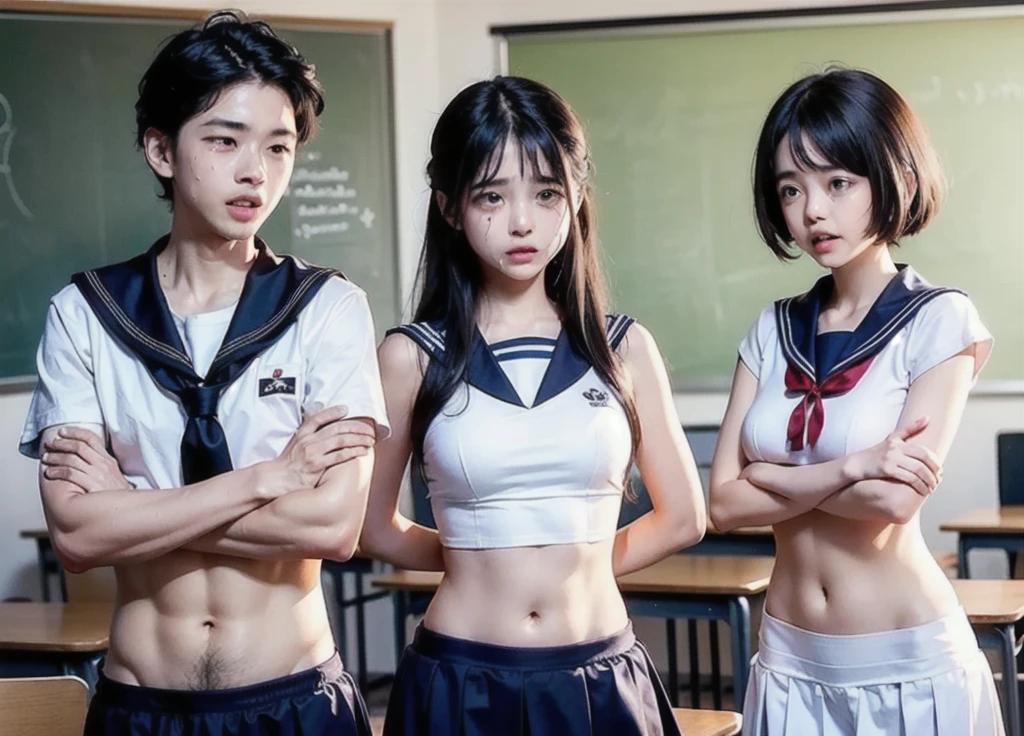 (Three Woman in front of classroom), ((kid ager and adult)) , everyone dress the same, ((white crop top sailor suit)), blue student skirts, open navel, open belly, (show abdomen area), ((((arms crossed over chest)))), (((crying))), standing , (ready for punishment), (long shot)