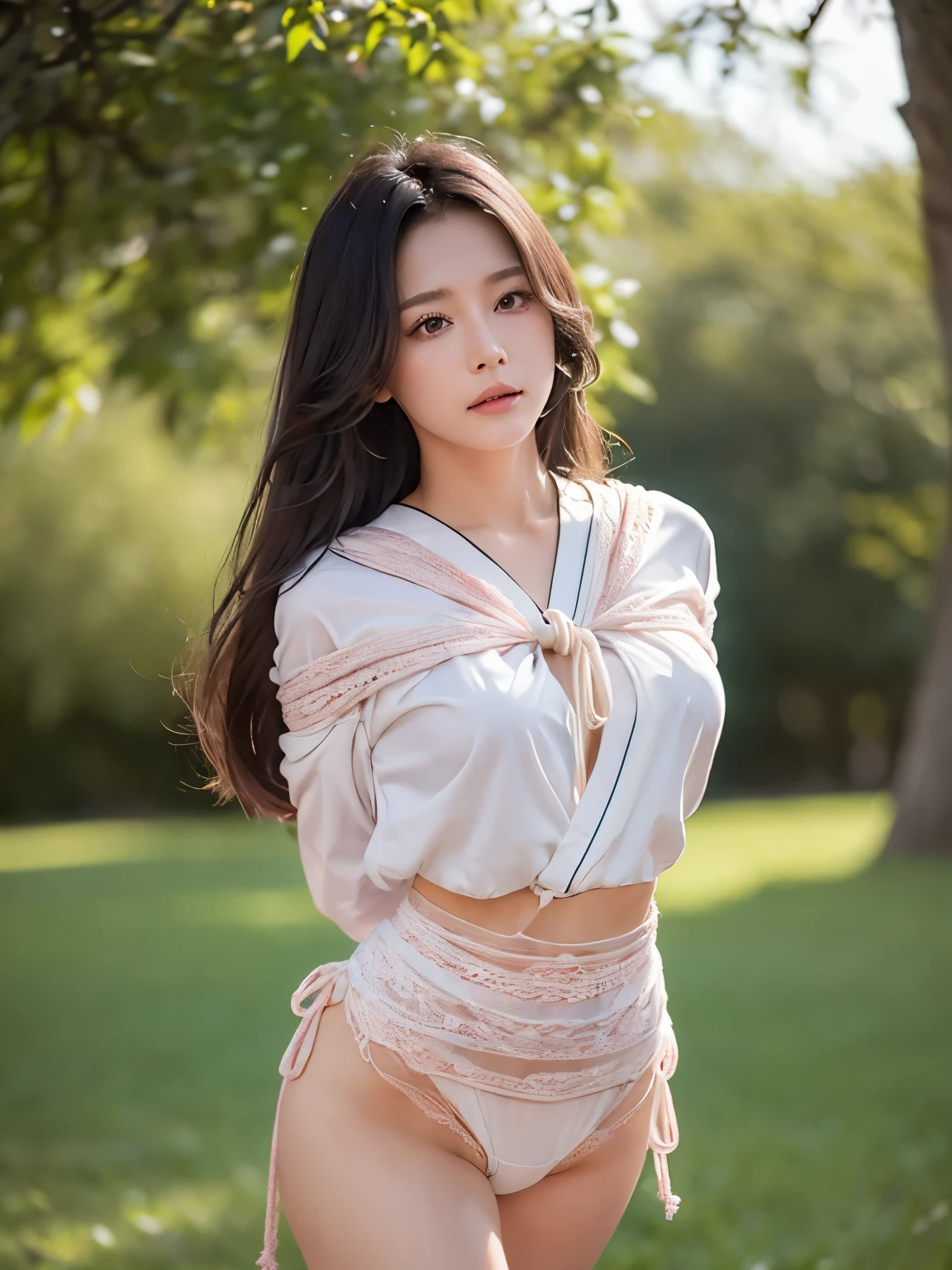 A woman who has been and tied up、Hands are tied in handcuffs、Standing in the grass、blue sky、Facing forward、White panties are visible、21talent、Beauty、Well-formed face、Make your eyes even、Beautiful black hair、Has bangedium build、Well-balanced proportions、Beautiful legs、Dark short-sleeved shirt、Long skirt、 (((shibari over clothes, Place your arms behind your back)), bondage, shibari:1.5, Arms tied, Bound breasts)、Like real life、highest quality、
