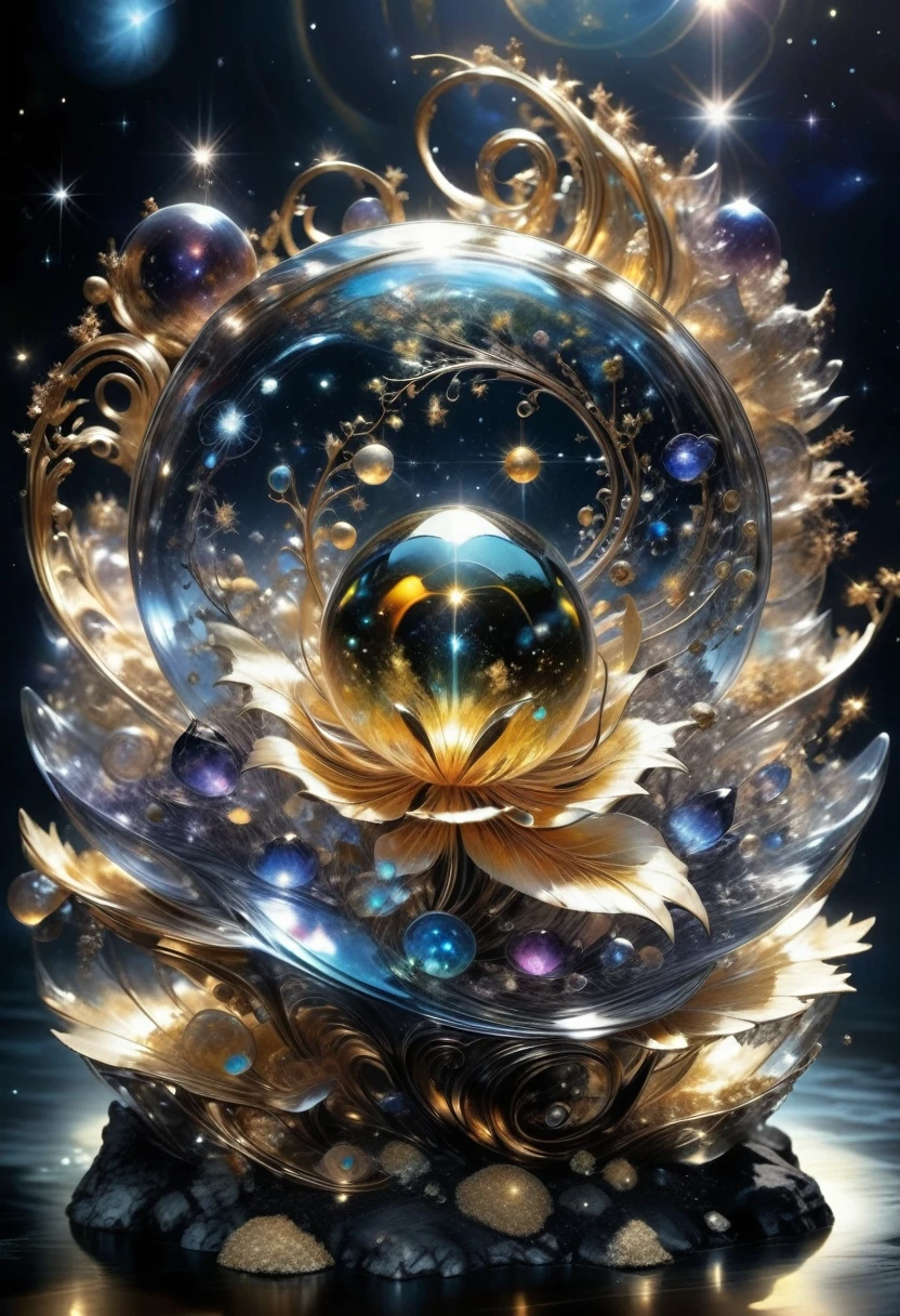 Liquid Metal, By Alexander Jansson and Jean Baptiste Monge and Mark Brooks || A beautiful liquid metal obsidian transparent crystal star, inside of it is a beautiful intricate glowing never-ending HUGE spiral SPIRALING golden portal made of stars constellations crystals and golden glitter with cities and fossils built into it, intricate, hyperdetailed, maximalist beautiful