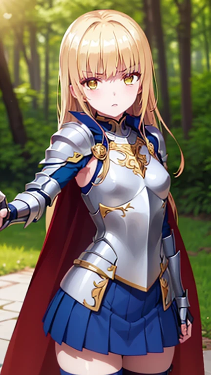 mahiru shiina, bangs, blonde hair, brown hair, (yellow eyes:1.3), A knight girl is holding a sword and getting ready for battle, cute女の子, (((UHD)), ((highest quality)), ((masterpiece)), (Very detailed), (High resolution), (Beautiful detailed sparkle), (High detail), (Anatomically correct)), ((Realistic)), ((The best CG)), Ultra-detailed art, CG illustration, 8k, 1080P, Photorealistic:1.37, Anime 2D Rendering,
(((One Woman))),
(Symmetrical facial features:1.4, Perfect Face), Beautiful clavicle, (Beautiful fingers), (Beautiful breasts, ((Small breasts))),
Beautiful body, Beautiful thighs, Beautiful feet, Perfect round butt, (((Detailed skin, Oily skin, Textured skin, Beautiful Skin:1.4))),
(((Baby Face, cute, 10 years old))),
(Expression of fine eyes, Beautiful and delicate eyes, Sparkling eyes),
(Beautiful Nose,Thin Nose),
(Smaller mouth, Glossy Lips, Beautiful Lips, thick lips),
(((Silver Armor:1.4、Decorated red breastplate、Blue skirt-like armor:1.2、Gauntlet、Shin Guards、Blue Cape:1.2、Brandishing a sword:1.2)))、
BREAK
(Glaring、Angry),
BREAK
(noon、(Sunshine、In the forest of fantasy world:1.4、blue sky)), ((Fighting Pose、Aggressive Pose、Cowboy Shot))