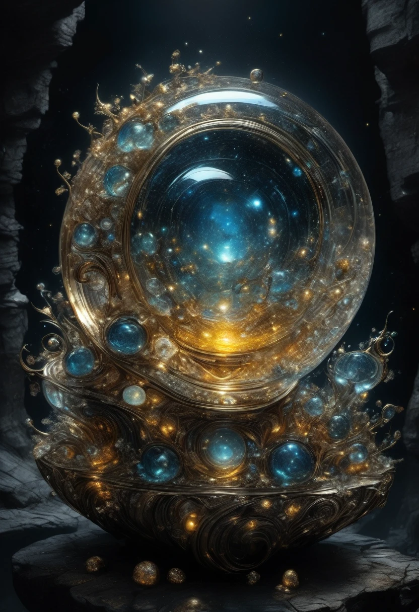 Liquid Metal, By Alexander Jansson and Jean Baptiste Monge and Mark Brooks || A beautiful liquid metal obsidian transparent crystal star, inside of it is a beautiful intricate glowing never-ending HUGE spiral SPIRALING golden portal made of stars constellations crystals and golden glitter with cities and fossils built into it, intricate, hyperdetailed, maximalist beautiful