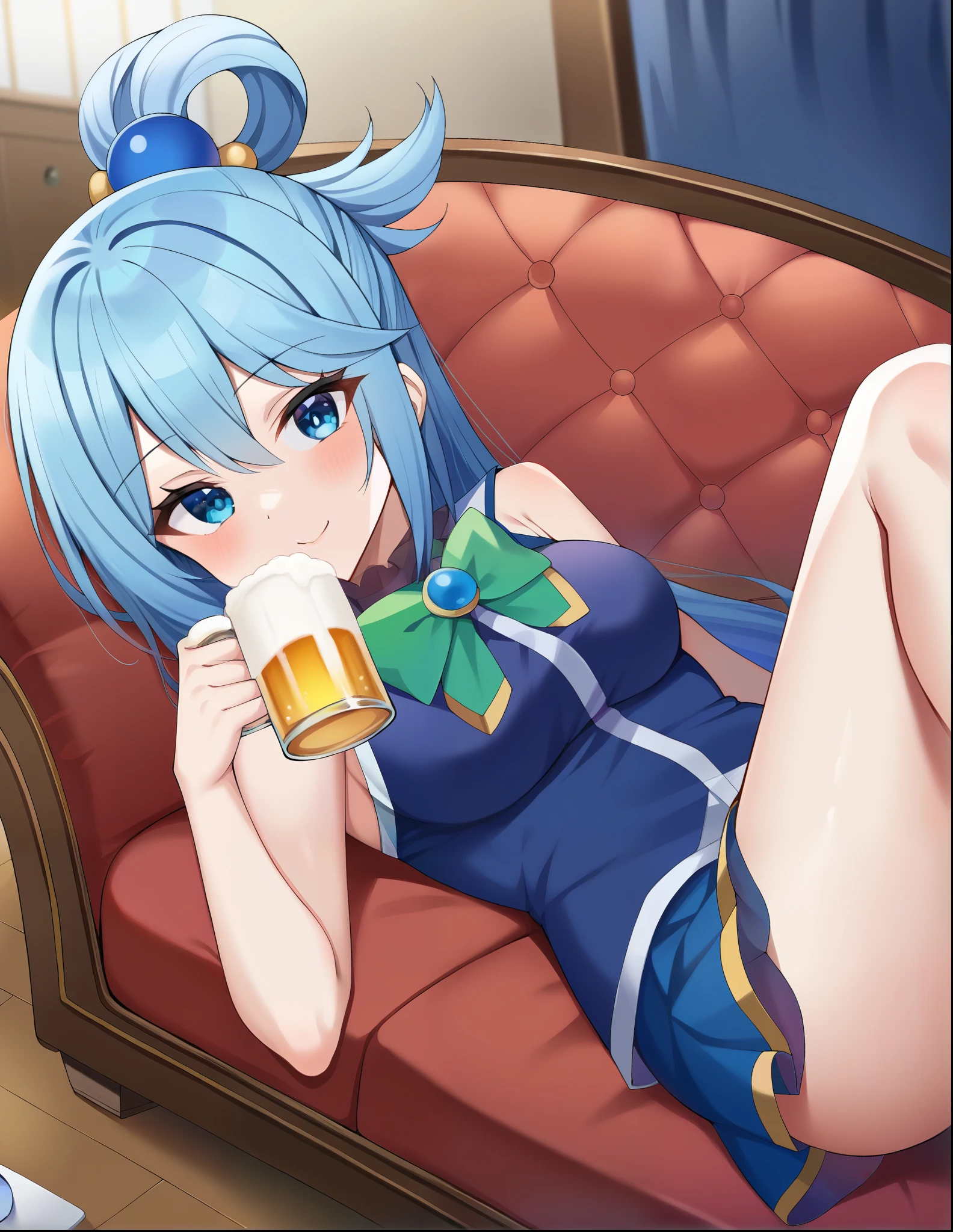 konosubaaqua, goddess of water, long blue hair with waves like waves, deep blue eyes like the sea, hair ornament, pretty hair, blue hair, hair rings, lying lazily on a sofa, mischievous smile, conceited, very short skirt with waves, white stripes under the skirt, blue button-down shirt, exposed thighs, bare shoulders, separated sleeves, white thighs, legs open and separated, lying on the sofa with her arms and legs legs apart, very short skirt shows off her curves, dark blue shirt, green bow decoration on the neck, indoors, home, alcoholic drink on the floor, beer, mug, holding the cup, drinking, looking at the viewer, shot of cowboy, dutch angle,