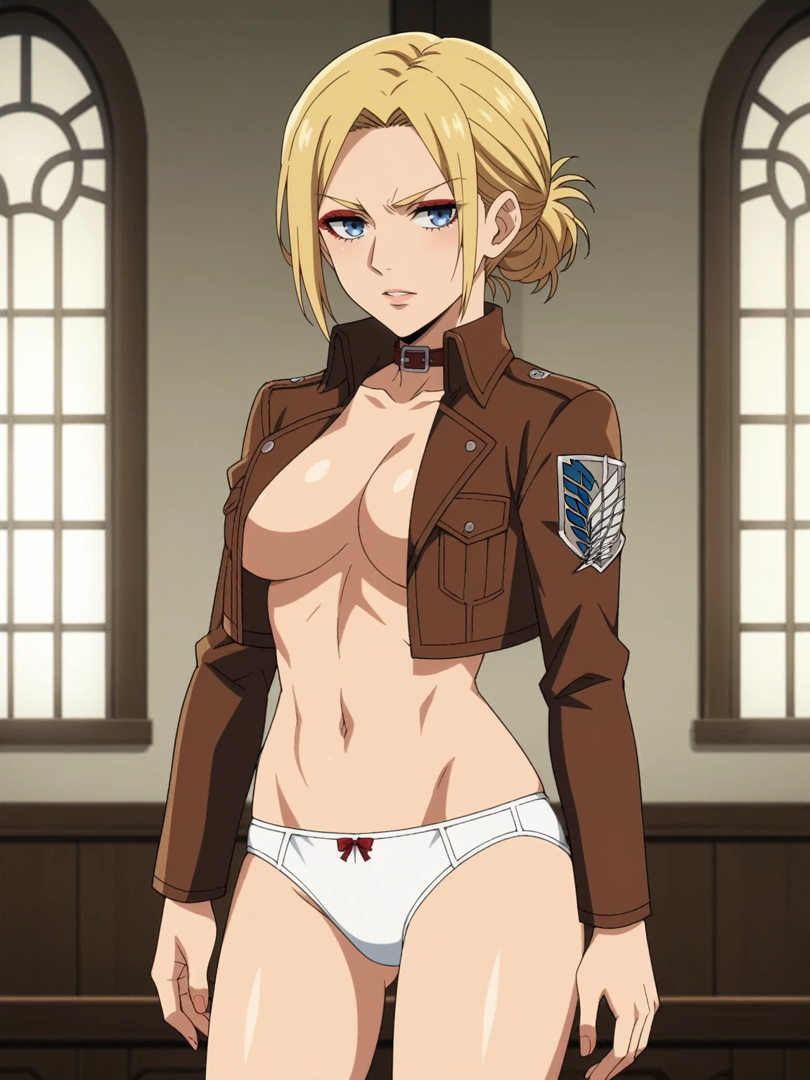 score_4, score_5, score_6, score_9, score_8_up, score_7_up, source_anime, fine anime screencap_xl, anime_screencap, solo, 1girl, indoors, no bra, chest only, choker, red eyeshadow, blonde hair, blue eyes, Annie leonhart, attack on titan, cropped leather jacket, panties, cropped jacket