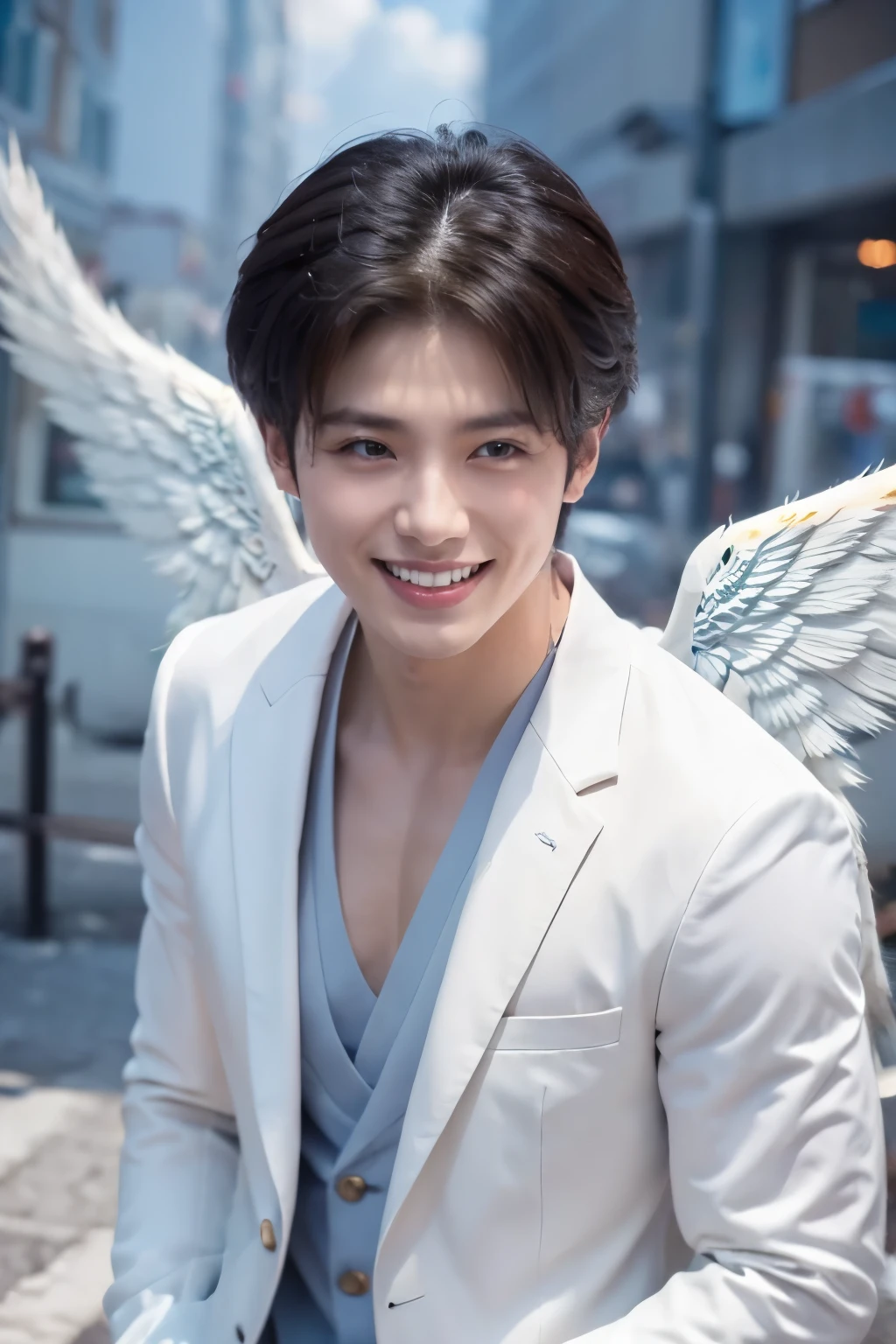 masterpiece, The best quality at its best, 1peopleの男の子, アジアpeople男性, 東アジアpeople, people, Muscles are balanced, (((White Wings:1.5)))、Short Hair Details，With a smile, White teeth, Blue striped suit,  Realistic Style，photograph，Viewed from the front, Displaying the viewer，(((Flying in the sky:1.5)))、Sky、Above the Clouds、((thunder、落thunder、Light))