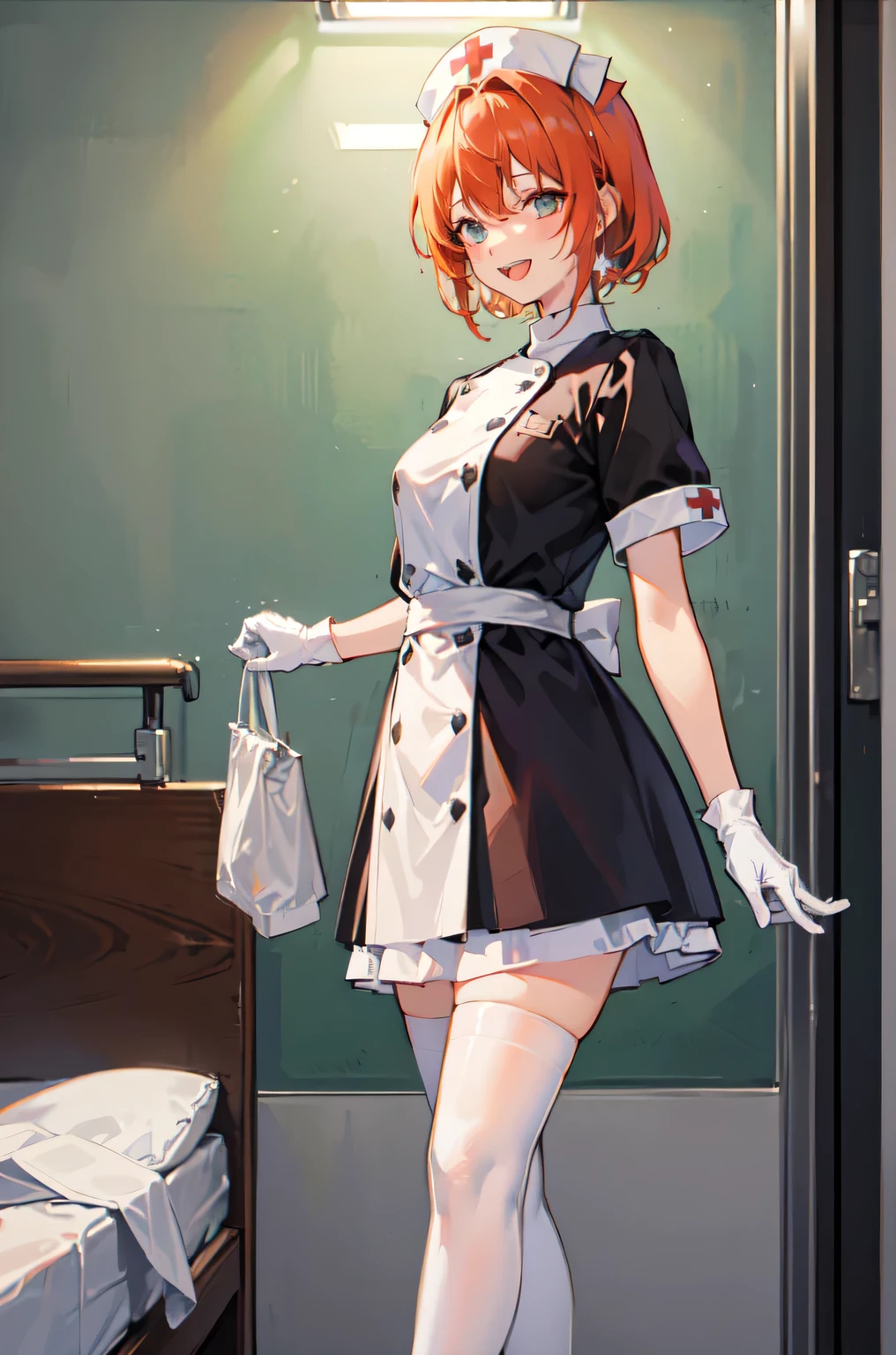 1girl, solo, nurse, nurse cap, white nurse uniform, ((white legwear, zettai ryouiki)), white gloves, very short hair, orange hair, smile, open mouth, standing, ((hospital room)), sharp outline, short sleeves, tomboy, boyish, best quality, masterpiece