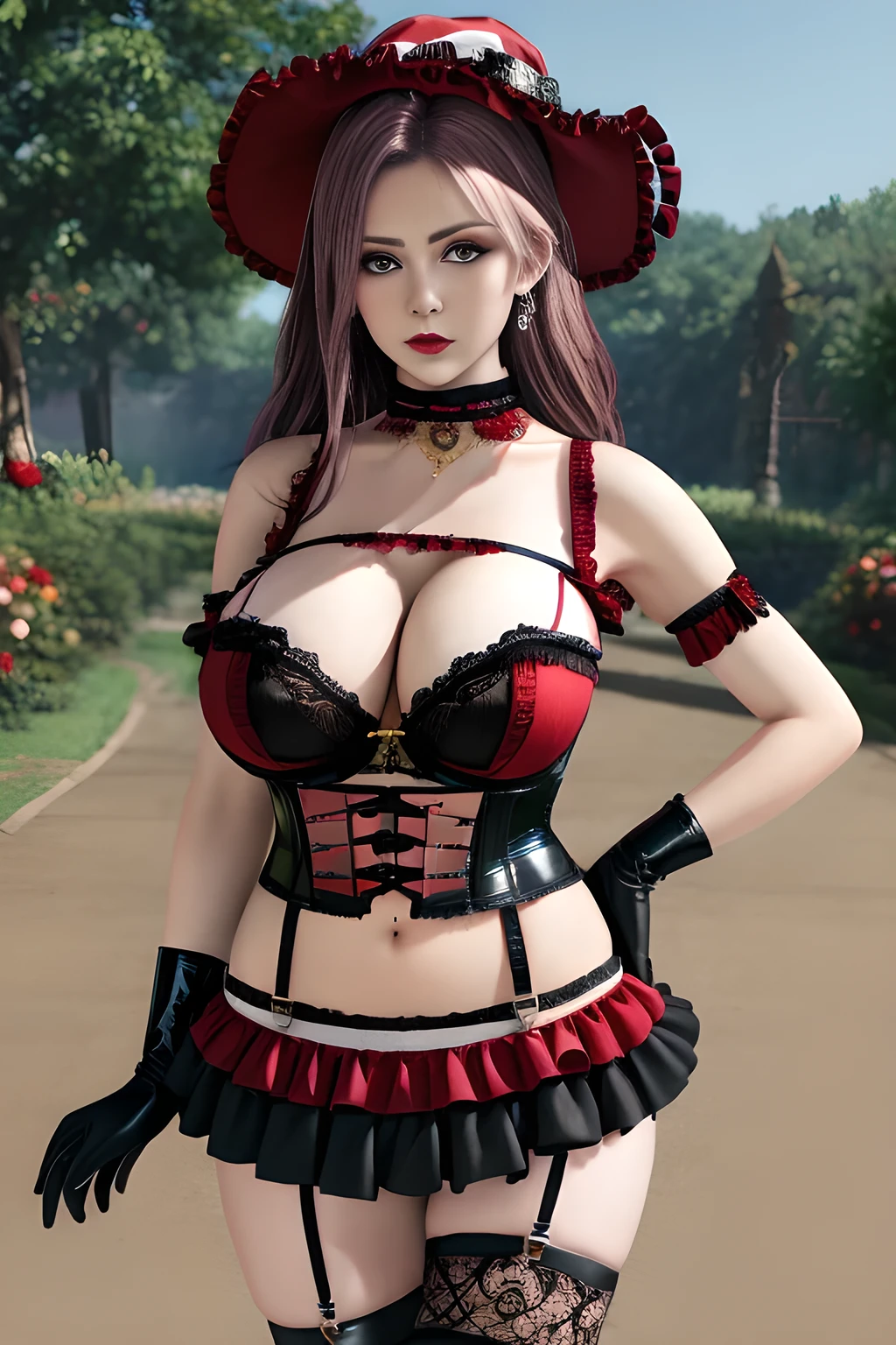 1 girl,BREAK (Royal:1.4), (red and black theme:1.5), ((red) bucket hat with rose corsage:1.4), (fusion of black high neck crop top and latex (red bustier):1.4), ((floral lace, see-through):1.3), ((sleeveless, bare shoulders):1.3), (red tiered skirt with black ruffles:1.4), ((ultra long gloves) with floral lace:1.3), (wrap a (cat garter) around thighs:1.4), outdoor,elegant,nighttime,moonlighe,shiny skin,( huge breasts), lip gloss,tattoos, masterpiece, best quality, realistic ,Surrealism,natural colors art in 8k,soft shadows,High-definition RAW color photos professional portrait photos,solo, elise,