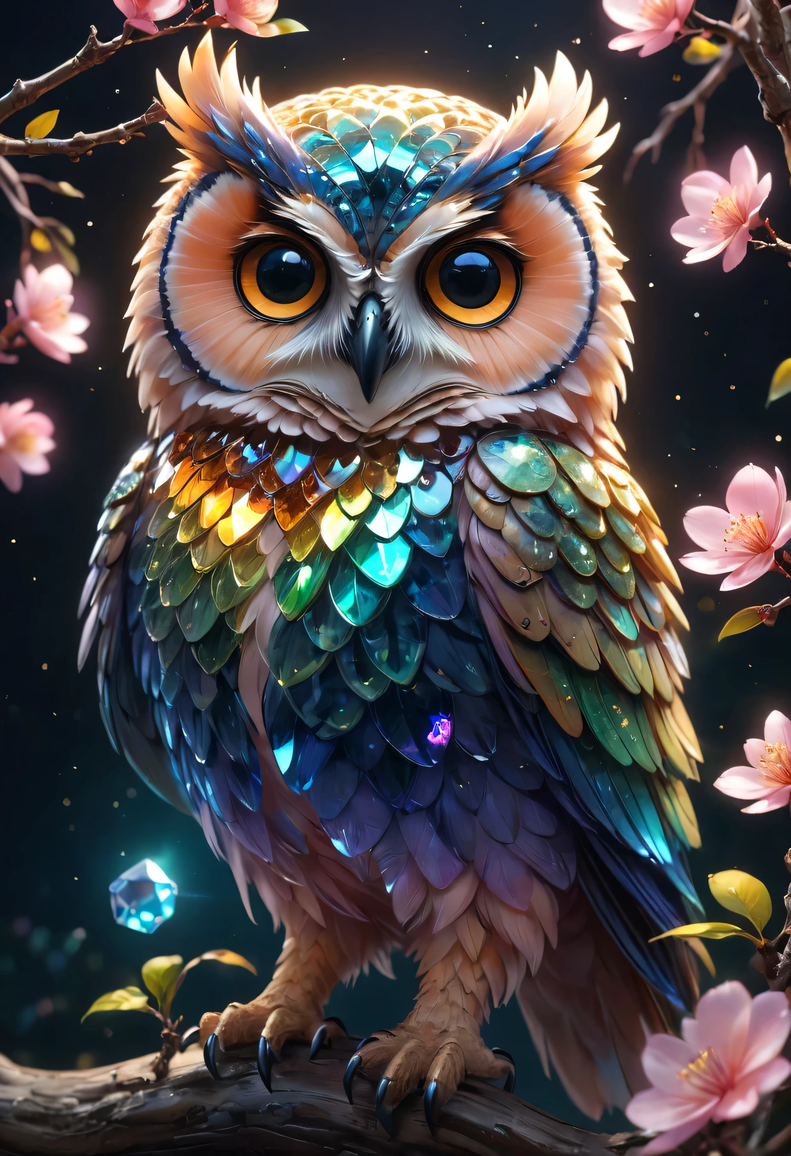 Full body close-up portrait of Ribcagel. (A crystal owl),(Made of rainbow crystals),bioluminiscent creature,(peach blossom),(On delicate branches)、Obras de arte intrincadas . rendering by octane, trending on artstationh,T symmetrical artwork. the night,starrysky,starlights, Cinematic, ultra-realistic realism, High detail, rendering by octane, 32K, Vibrant colors, Broken glass effect, No background, Stunning, Something that doesn't even exist, Fabulous existence, energy, molecular, textured, Iridescent colors and luminescent scales, Pure perfection, divine presence, Unforgettable, Impressive, volumettic light, has cleavage, Rays, Vivid color reflections