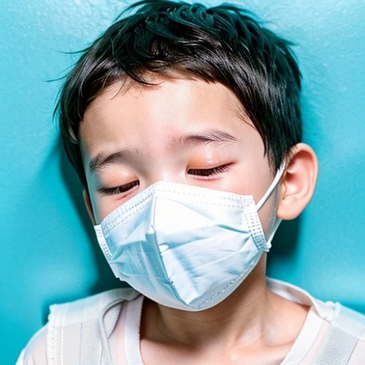 Handsome kindergarten boy with infectious disease、Appearance of suffering. He is wearing a white mask. He has a high fever. he is sleeping. He has a cough. He is exhausted. He is taking his temperature with a thermometer. He is dying. He is cooling his forehead with a cooling gel sheet..