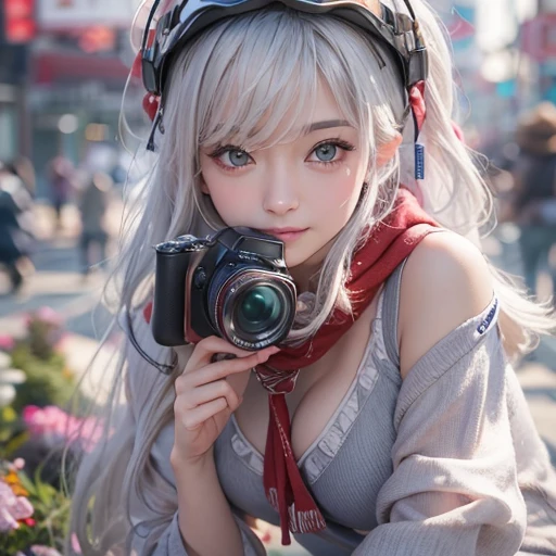 (masterpiece:1.3), (8k, Realistic, RAW Photos, Best image quality: 1.4), Fair-skinned fairy woman、short hair、Cleavage:2.0、Highly detailed face、Attention to detail、double eyelid、Sharp focus:1.2、Beautiful woman:1.4、Silvery white hair、highest quality、masterpiece、Ultra-high resolution、(Realistic:1.4)、Highly detailed and professionally lit smiles、Loose, Light, Wear a Japan high school uniform:1.5、Red scarf、 one person、whole body,Cycling through Japanese cities、
