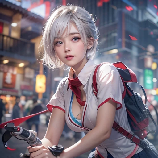 (masterpiece:1.3), (8k, Realistic, RAW Photos, Best image quality: 1.4), Fair-skinned fairy woman、short hair、Cleavage:2.0、Highly detailed face、Attention to detail、double eyelid、Sharp focus:1.2、Beautiful woman:1.4、Silvery white hair、highest quality、masterpiece、Ultra-high resolution、(Realistic:1.4)、Highly detailed and professionally lit smiles、Loose, Light, Wear a Japan high school uniform:1.5、Red scarf、 one person、whole body,Cycling through Japanese cities、