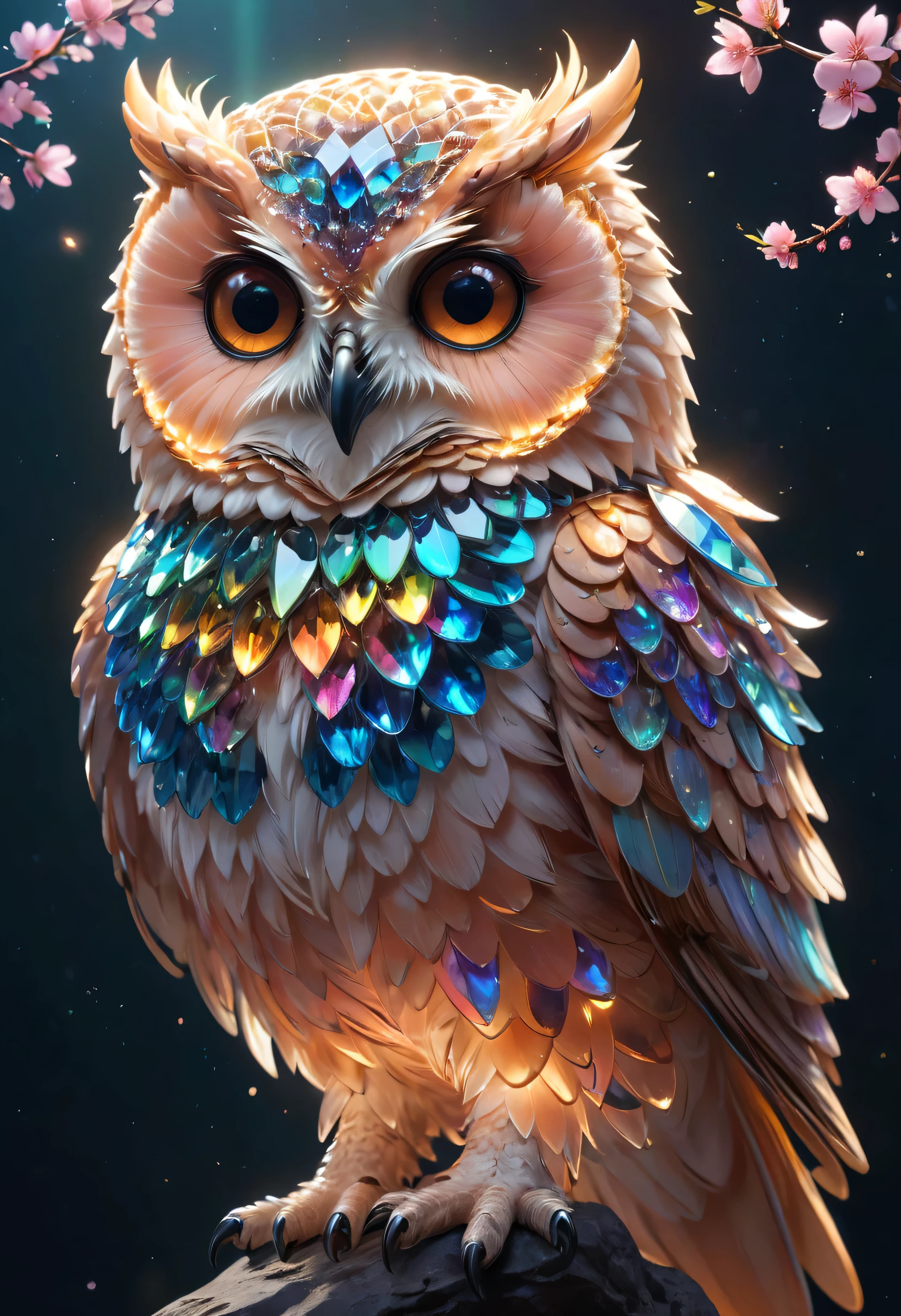 Full body close-up portrait of Ribcagel. (A crystal owl),(Made of rainbow crystals),bioluminiscent creature,(peach blossom),(On delicate branches)、Obras de arte intrincadas . rendering by octane, trending on artstationh,T symmetrical artwork. the night,starrysky,starlights, Cinematic, ultra-realistic realism, High detail, rendering by octane, 32K, Vibrant colors, Broken glass effect, No background, Stunning, Something that doesn't even exist, Fabulous existence, energy, molecular, textured, Iridescent colors and luminescent scales, Pure perfection, divine presence, Unforgettable, Impressive, volumettic light, has cleavage, Rays, Vivid color reflections