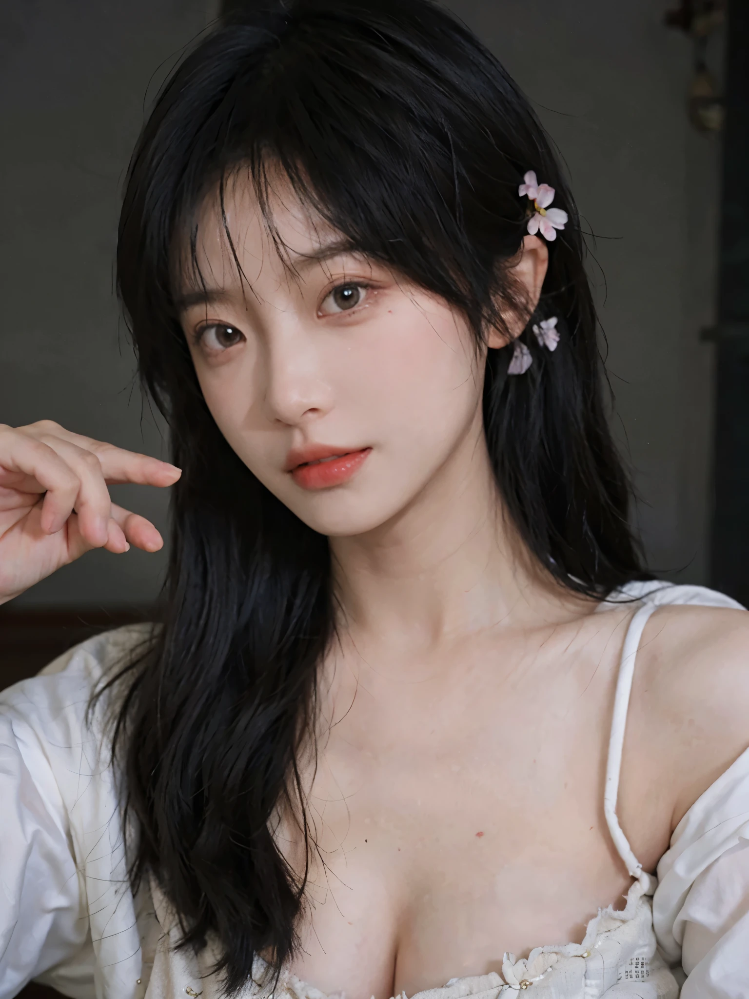 best qualtiy， Ultra-high resolution， （realisticlying：1.4）， one-girl， A pair of clear and moving peach blossom eyes,Royal sister，a sense of atmosphere，（Faded gray-gray hair：1）， （big cleavage breasts：1.3）， looking at viewert， closeup cleavage ，