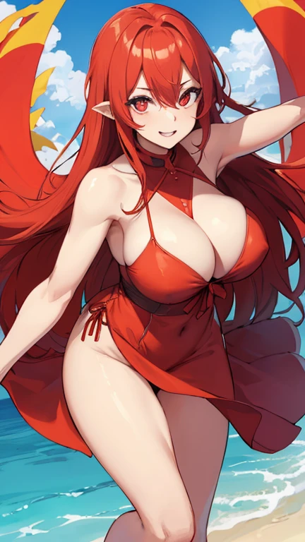 4K,Stylish summer dresses、Beautiful sandy beach (((Very large breasts)))、Written border、Dynamic pose、(Red eyes)、highest quality、(((Symmetrical eyes)))、20-year-old、smile、((Red Hair))、Red Hair