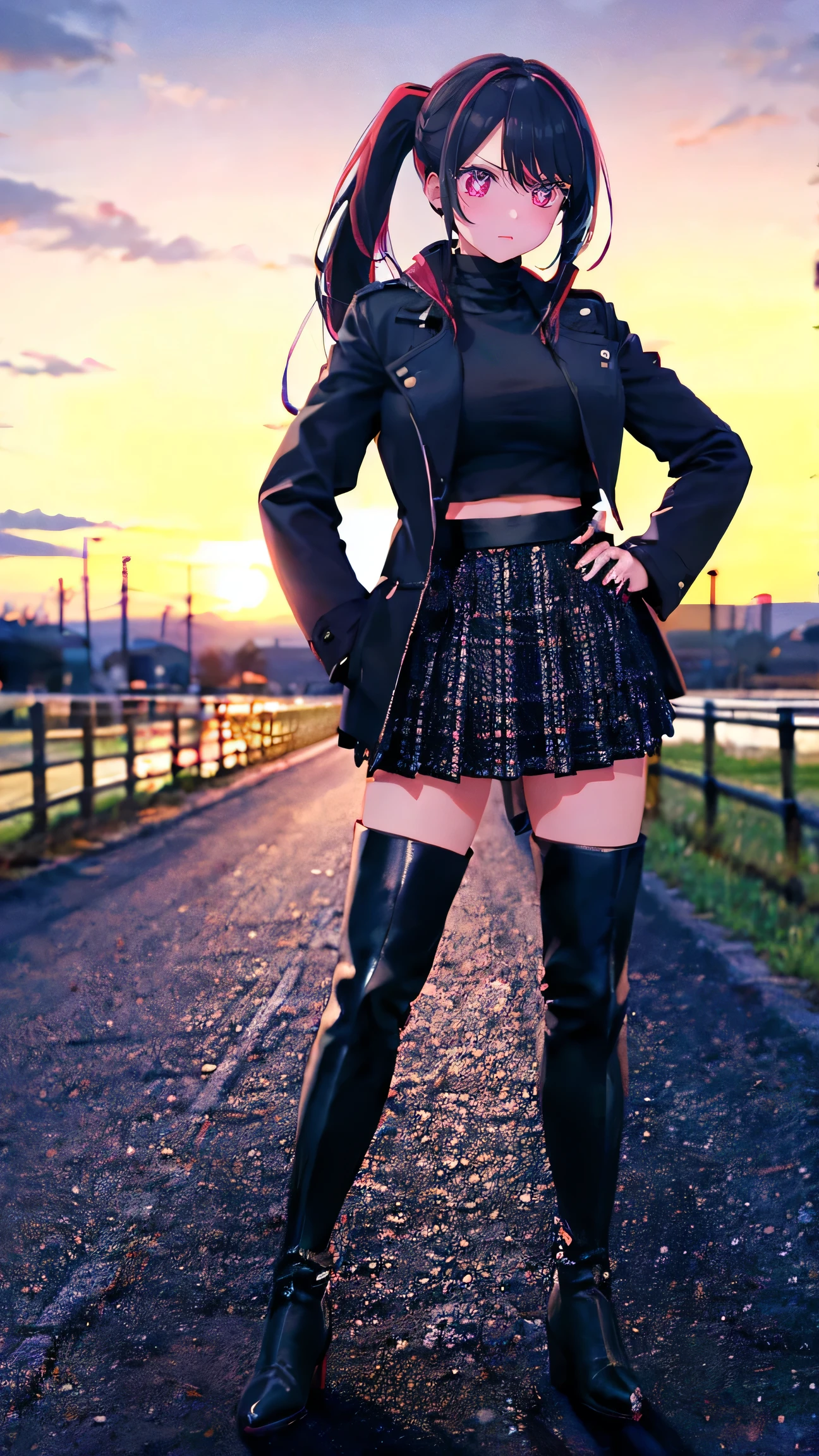 1girl, boots, hand on hip, ponytail, long hair, black footwear, plaid, thighhighs, thigh boots, solo, red eyes, coat, black hair, sunset, looking at viewer, full body, turtleneck, autumn, turtleneck sweater, nail polish, high ponytail, skirt, bangs, breasts, standing, outdoors