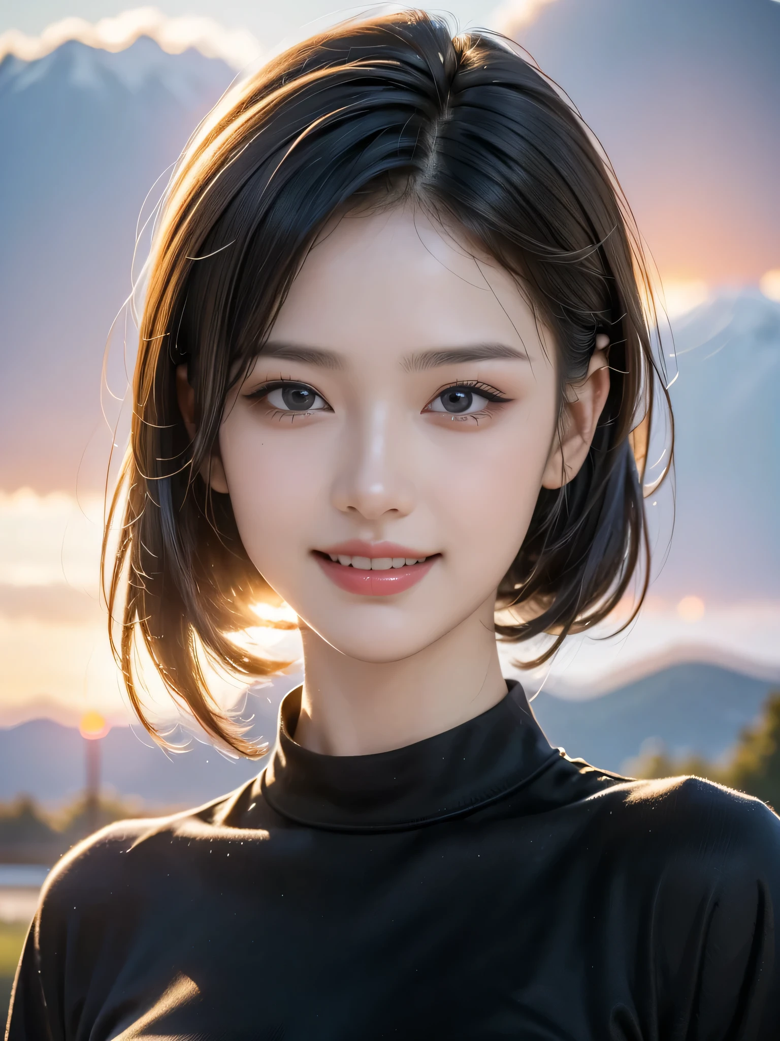 (highest quality,masterpiece:1.3,Ultra-high resolution),(Very detailed,8k), (Realistic:1.4, RAW shooting),Sunset sky,Japanese,17 years old,smile,Black Short Hair,Black Shirt,Bust up shot,Face Focus,Face close-up,Natural light,Illuminate from below,Professional Lighting