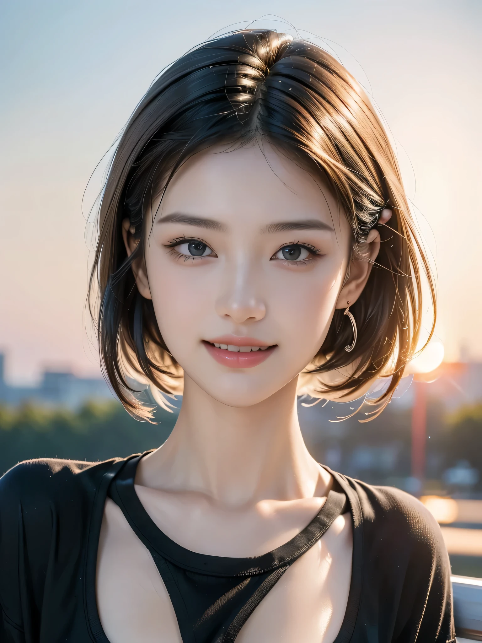 (highest quality,masterpiece:1.3,Ultra-high resolution),(Very detailed,8k), (Realistic:1.4, RAW shooting),Sunset sky,Japanese,17 years old,smile,Black Short Hair,Black Shirt,Bust up shot,Face Focus,Face close-up,Natural light,Illuminate from below,Professional Lighting