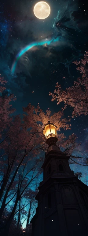 Vast landscape photography , (A view from below, with the sky above and the wide fields below), A girl standing in a flower field looking up, (full moon:1.2), ( shooting star:0.9), (nebula:1.3), Distant Mountain, Treebreak Production Art, (Warm light source:1.2), (fire Fly:1.2), lamp, Lots of purple and orange, Intricate details, Volumetric Lighting Break
(masterpiece:1.2), (highest quality), 4K, Super detailed, (Dynamic configuration:1.4), Very detailed, Colorful details,( Rainbow-colored:1.2), (Shining Lights, Atmospheric lighting), dream-like, Magic, (alone:1.2)