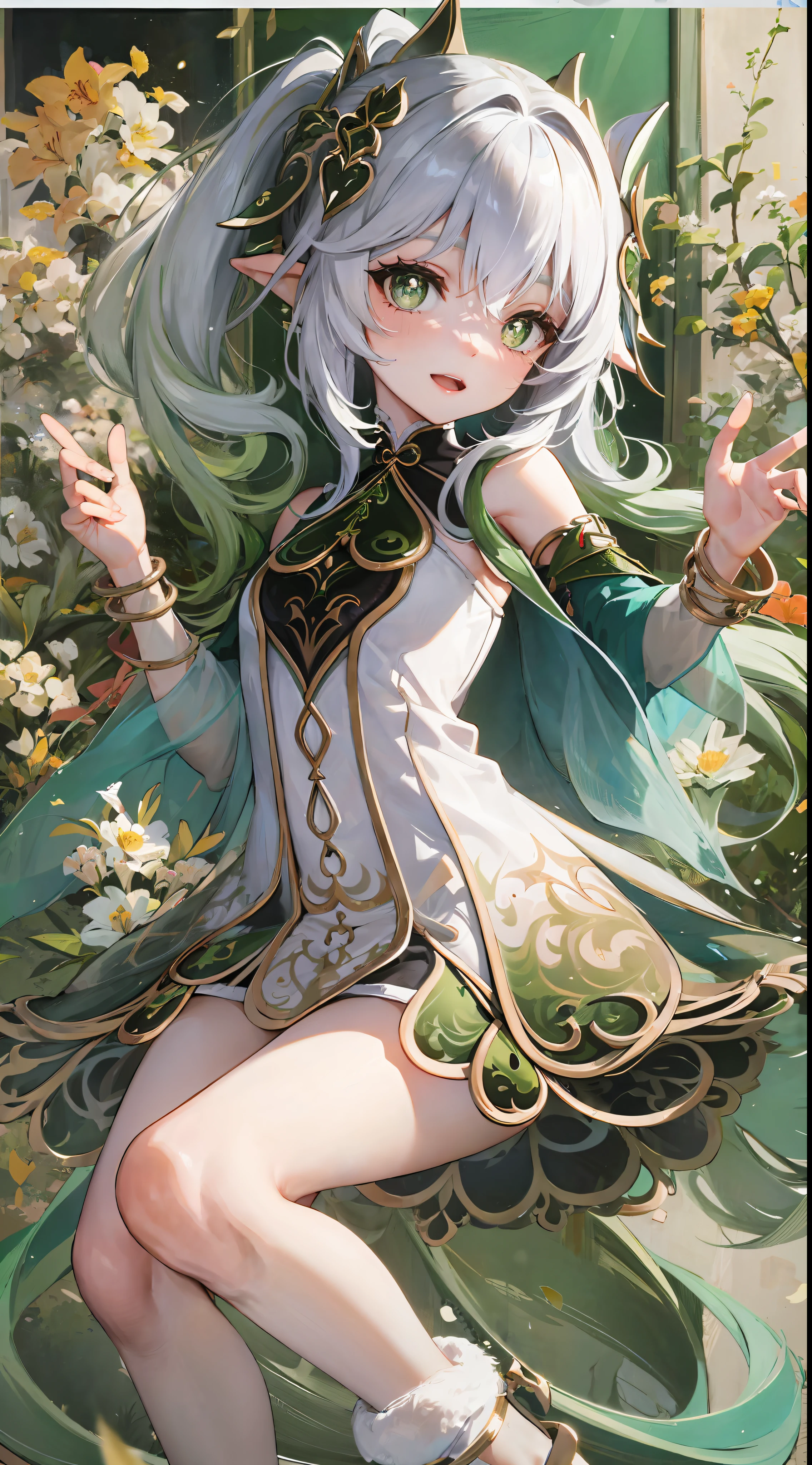 It's Hida Genshin.,Super cute style,Fleshy thighs,antique clothing,poster publicity format,stance,Simethol,c cup,happy expression