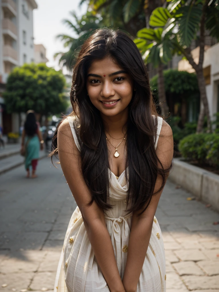 Best quality, masterpiece, super high resolution, pure body, clear pores visible, (smile:0.8), (((desi girl))), chubby face, 24 years old indian bengali girl look like sai pallavi who wearing cyan color indian churidar with light white color dupatta, (realism:1.5), original photo, bare shoulders, in the dark, deep shadows, low-key, cold light, kind face, beautiful light wavy thin hair(not heavy hair), attractive neck, beautiful lip, beautiful-cute brown eyes, light and thin eyebrows, no makeup, wearing light thin necklace in her neck, and smiling.skin color should be chocolate skin and lip light pink color Take her picture from outside. Show me her full picture (from head to her leg), indian pose, city indian streets background, bokeh,no dot in her forehead, smile in her face