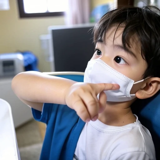 Handsome kindergarten boy with infectious disease、Appearance of suffering. He is wearing a white mask. He has a high fever. he is sleeping. He has a cough. He is exhausted. He is taking his temperature with a thermometer. He is dying. He is cooling his forehead with a cooling gel sheet..