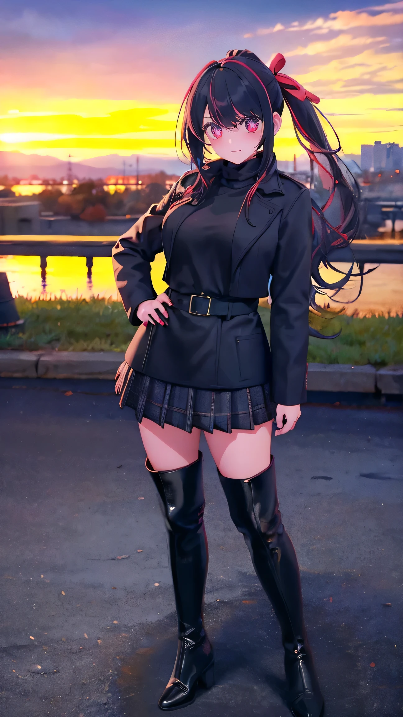 1girl, boots, hand on hip, ponytail, long hair, black footwear, plaid, thighhighs, thigh boots, solo, red eyes, coat, black hair, sunset, looking at viewer, full body, turtleneck, autumn, turtleneck sweater, nail polish, high ponytail, skirt, bangs, breasts, standing, outdoors