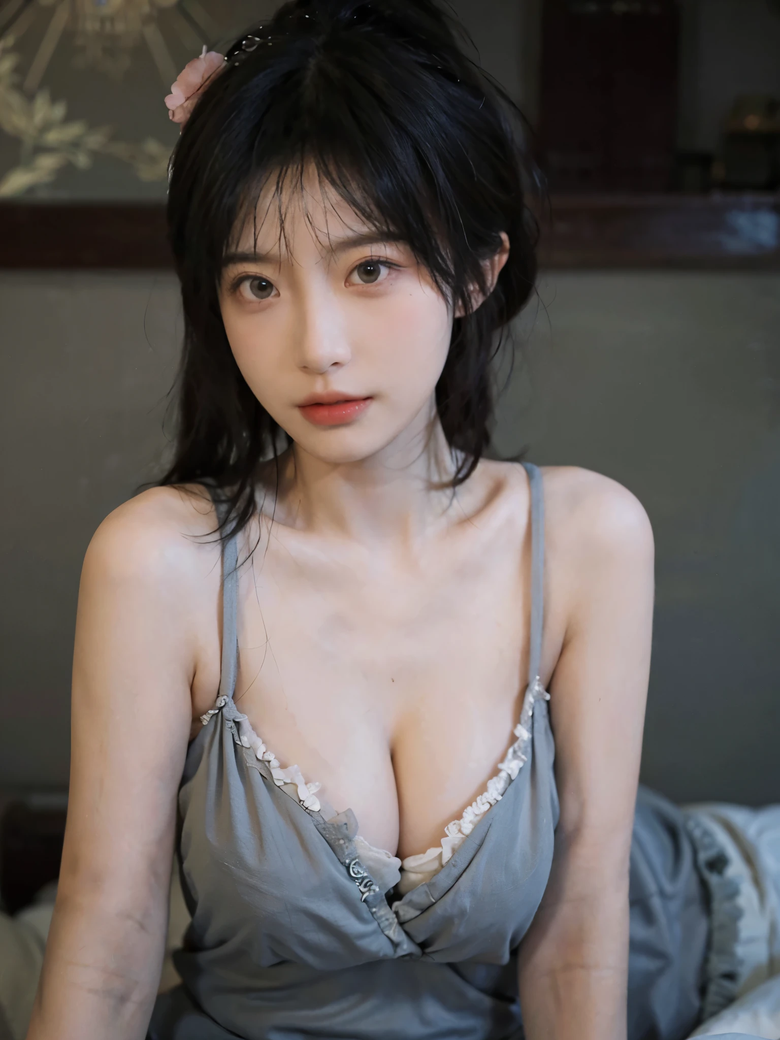 best qualtiy， Ultra-high resolution， （realisticlying：1.4）， one-girl， A pair of clear and moving peach blossom eyes,Royal sister，a sense of atmosphere，（Faded gray-gray hair：1）， （big cleavage breasts：1.3）， looking at viewert， closeup cleavage ，