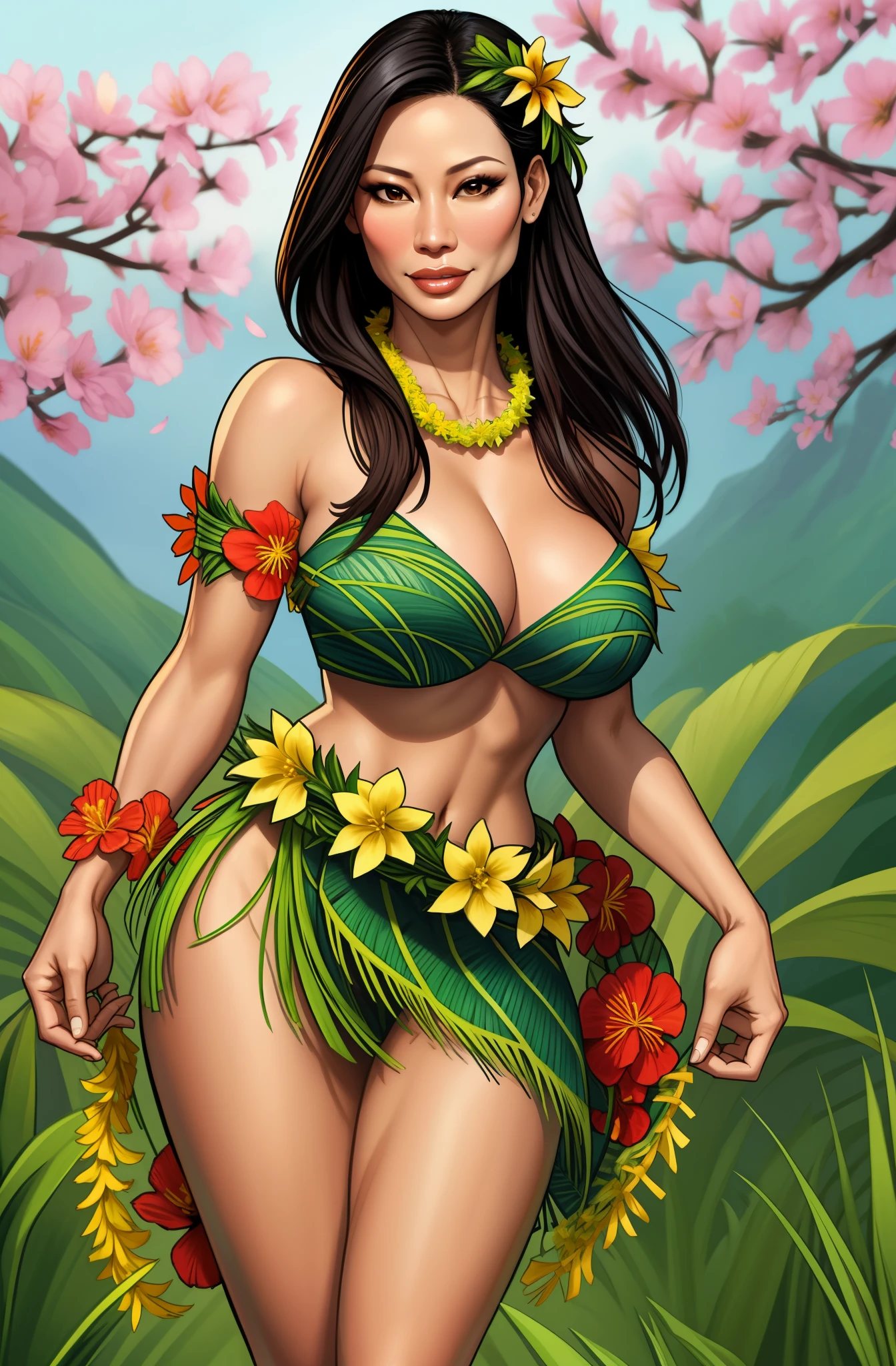 Lucy Liu  wearing a garland of flowers, girl wearing a lei, grass skirt, slight smile, seductive
