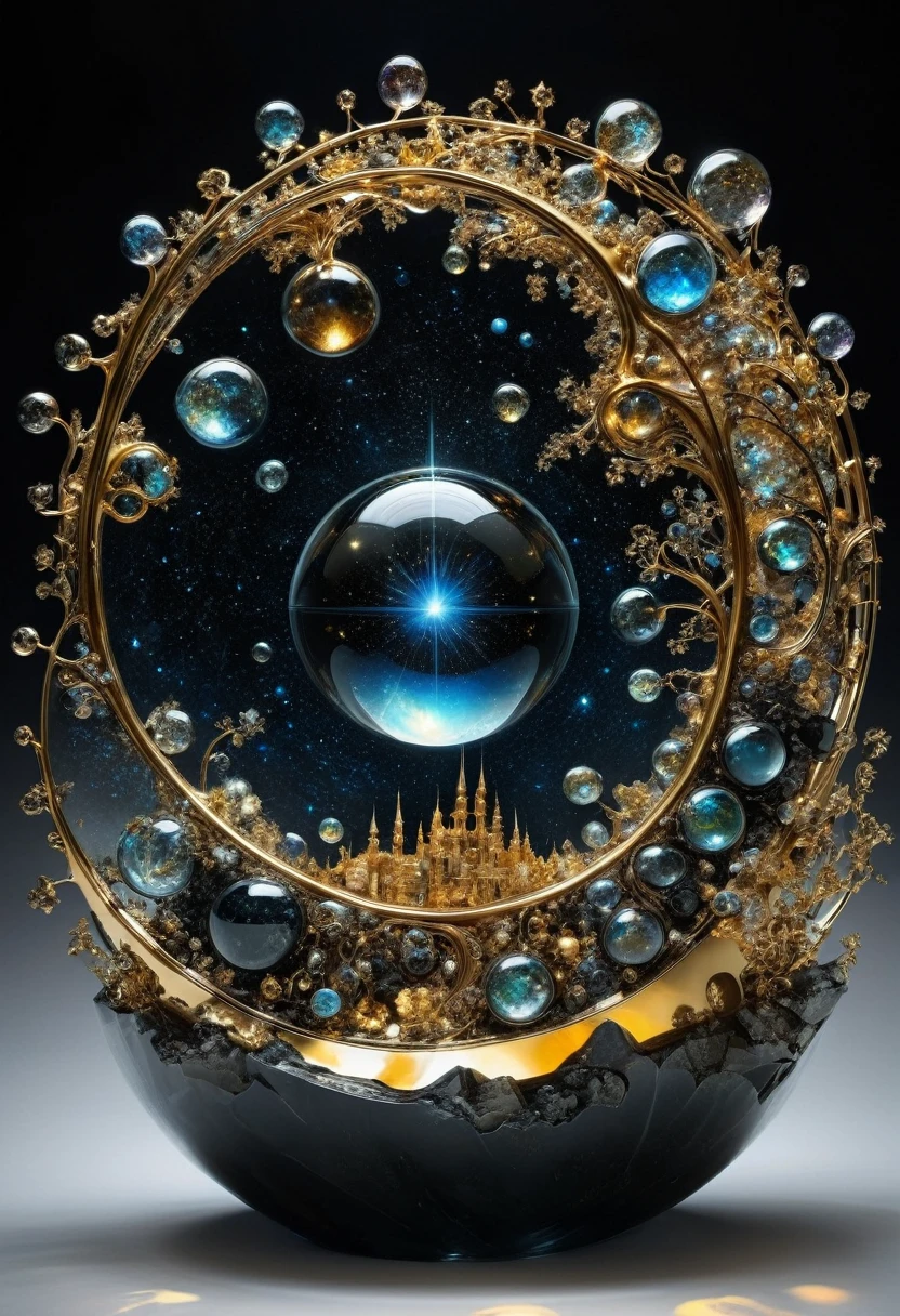 Liquid Metal, By Alexander Jansson and Jean Baptiste Monge and Mark Brooks || A beautiful liquid metal obsidian transparent crystal star, inside of it is a beautiful intricate glowing never-ending HUGE spiral SPIRALING golden portal made of stars constellations crystals and golden glitter with cities and fossils built into it, intricate, hyperdetailed, maximalist beautiful