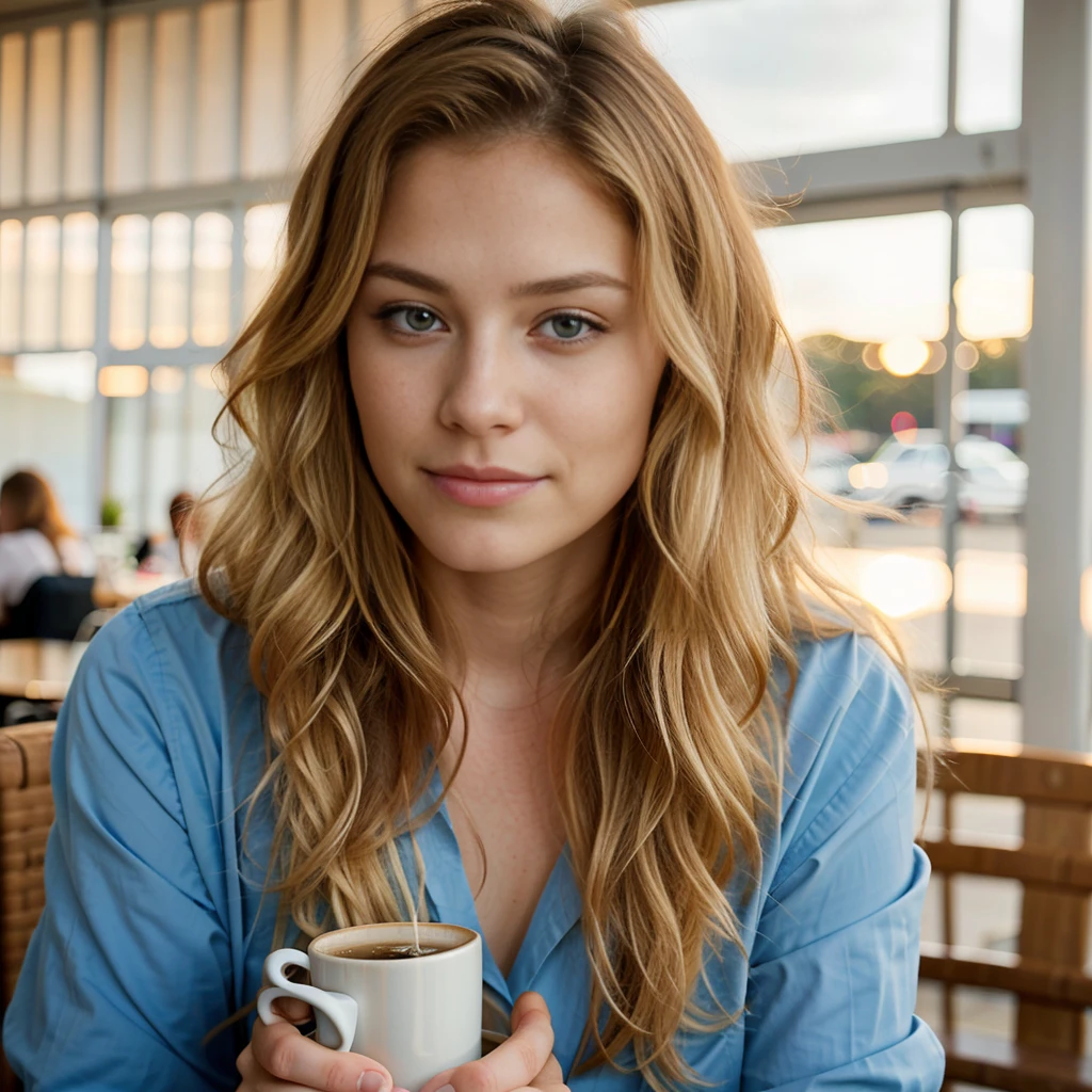 beautiful blonde wearing well dressed (sipping coffee in a modern cafe at sunset), very detailed, 21 ans, Visage innocent, natural wavy hair, yeux bleus, high resolution, chef-d'artwork, Best quality, Intricate details, very detailed, Sharpness, detailed skin, Realistic skin texture, texture, detailed eyes, professionnel, 4k, Sourire charmant, shot with Canon, 85mm, faible profondeur de champ, Kodak Vision Couleur, corps parfaitement ajusté, Extremely detailed, Photo_\(ultra\), photoRealistic, Realistic, Post-traitement, maximum detail, roughness, vrai vie, ultra Realistic, photorealism, la photographie, 8K UHD, la photographie