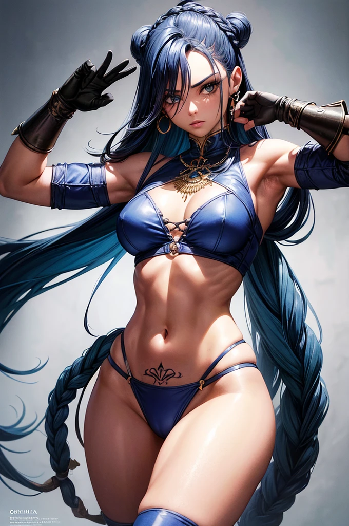 (((mulher))), (((melhor qualidade))), (((obra prima))), (((adulta))), Uma guerreira mulher de 25 anos preta africana com corpo perfeito, Brooklyn Gladiators, hand with steel gloves and metal tips, (( under )), quase nua no estilo selvagem urbano de Simon Bisley para a capa da revista Heavy Metal, cabelo loiro, Minimum clothing, armadura (azul escuro com faixas douradas), cheio de pontas e rebites manchadas de tinta, tatuagenas diversas, (((corpo inteiro))), cabelo louro curto com franja branca cobrindo a testa