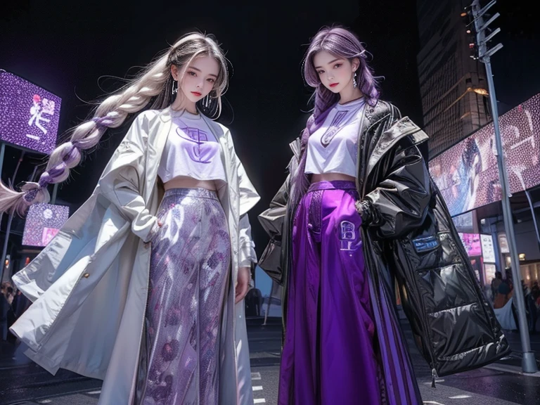highest quality, Very detailed, masterpiece, Two women posing,(((Perfect female body))),Very beautiful face, Very beautiful body,Gentle expression, Very beautiful eyes,(Perfect Makeup:1.1),Fashion Model,Cyberpunk Fashion,Curly Hair,Shaggy Hair, (Floating in the wind,Very long braided hair dyed white and purple: 1.5),Pink and blue gradient:1.3, very thin body,Smart Abs,(Monogram pattern:1.3),Tech See-Through Blazer,Monogram patternロングレングススカート,anklet,Tech High Top Sneakers,A kind smile,Full body portrait,(Night in Cyber City), (Shiny skin),(Earrings),Long scarf with elegant pattern,Neon long shawl,Digital Feather,