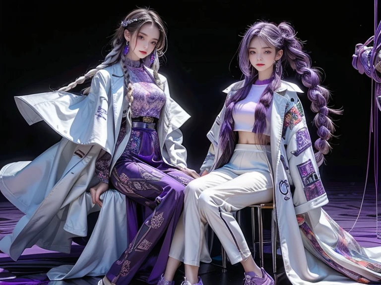highest quality, Very detailed, masterpiece, Two women posing,(((Perfect female body))),Very beautiful face, Very beautiful body,Gentle expression, Very beautiful eyes,(Perfect Makeup:1.1),Fashion Model,Cyberpunk Fashion,Curly Hair,Shaggy Hair, (Drifting in the Wind,Very long braided hair dyed white and purple: 1.5),Pink and blue gradient:1.3, very thin body,Smart Abs,(Monogram pattern:1.3),Tech See-Through Blazer,Monogram patternロングレングススカート,anklet,Tech High Top Sneakers,A kind smile,Full body portrait,(Night in Cyber City), (Shiny skin),(Earrings),Long scarf with elegant pattern,Neon long shawl,Digital Clock,