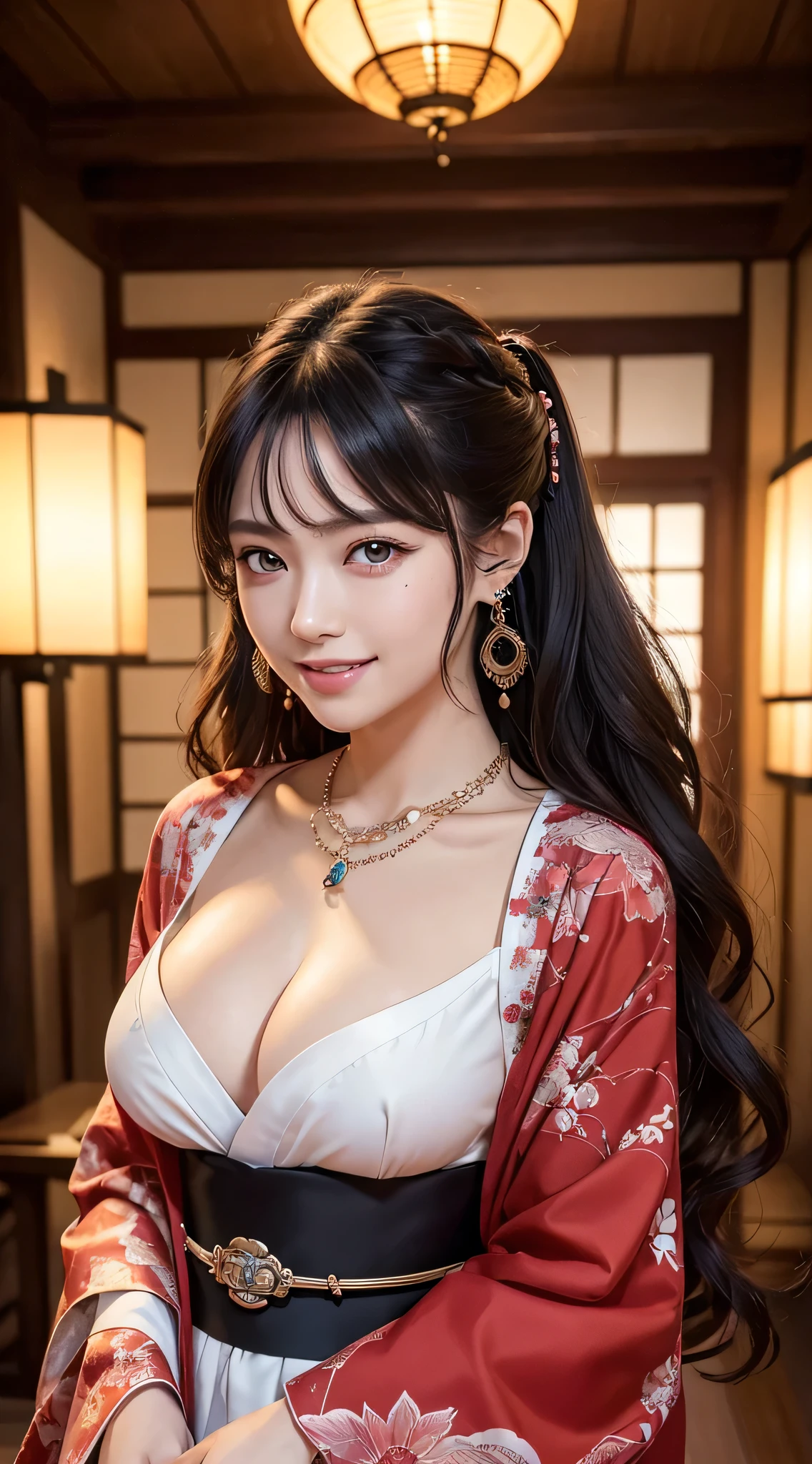 8K Ultra HD, Digital SLR,Film Grain, Fujifilm XT3,(highest quality:1.3), (masterpiece:1.1), High resolution, Cinematic Light, White Long Sword Holding a Japanese sword,Intricate details, (Realistic) (Night view) Realistic backlight、Dramatic red toned light、Beautiful Japanese Geisha full body photo, ((Facial texture Pore details)), Grin、Devilish smile, Simple messy hairstyle, Wearing a black satin kimono with a traditional dragon motif, Open shoulders, Colorful dragon tattoos all over the body, Long Blade, Inside a traditional villa,白い柄のHolding a Japanese sword,, 8k, Front blur,Ultra HD, Digital SLR,Film Grain, Fujifilm(8k, highest quality, masterpiece:1,2), (Realistic, Realistic:1.37), Very detailed, One Girl,), (Very detailed), (Detailed and beautiful eyes), (highest qualityの), (Very detailed ), (masterpiece), (Detailed face),woman((19 years old)), hair((red, Wavy, length)), eye ((red eye, big eye)), Clothes((kimono,big slit, Red floral pattern)), accessories ((Earrings, necklace)), Huge breasts, big , smile, background,Long Hair,Red Clothes,Cowboy Shot